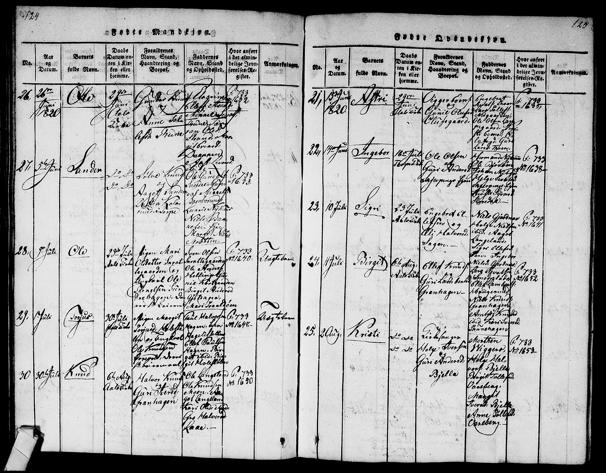 Ål kirkebøker, AV/SAKO-A-249/G/Ga/L0001: Parish register (copy) no. 1, 1815-1829, p. 124-125