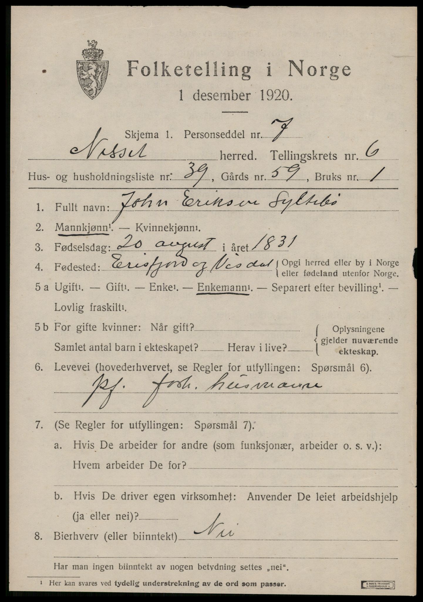 SAT, 1920 census for Nesset, 1920, p. 3238