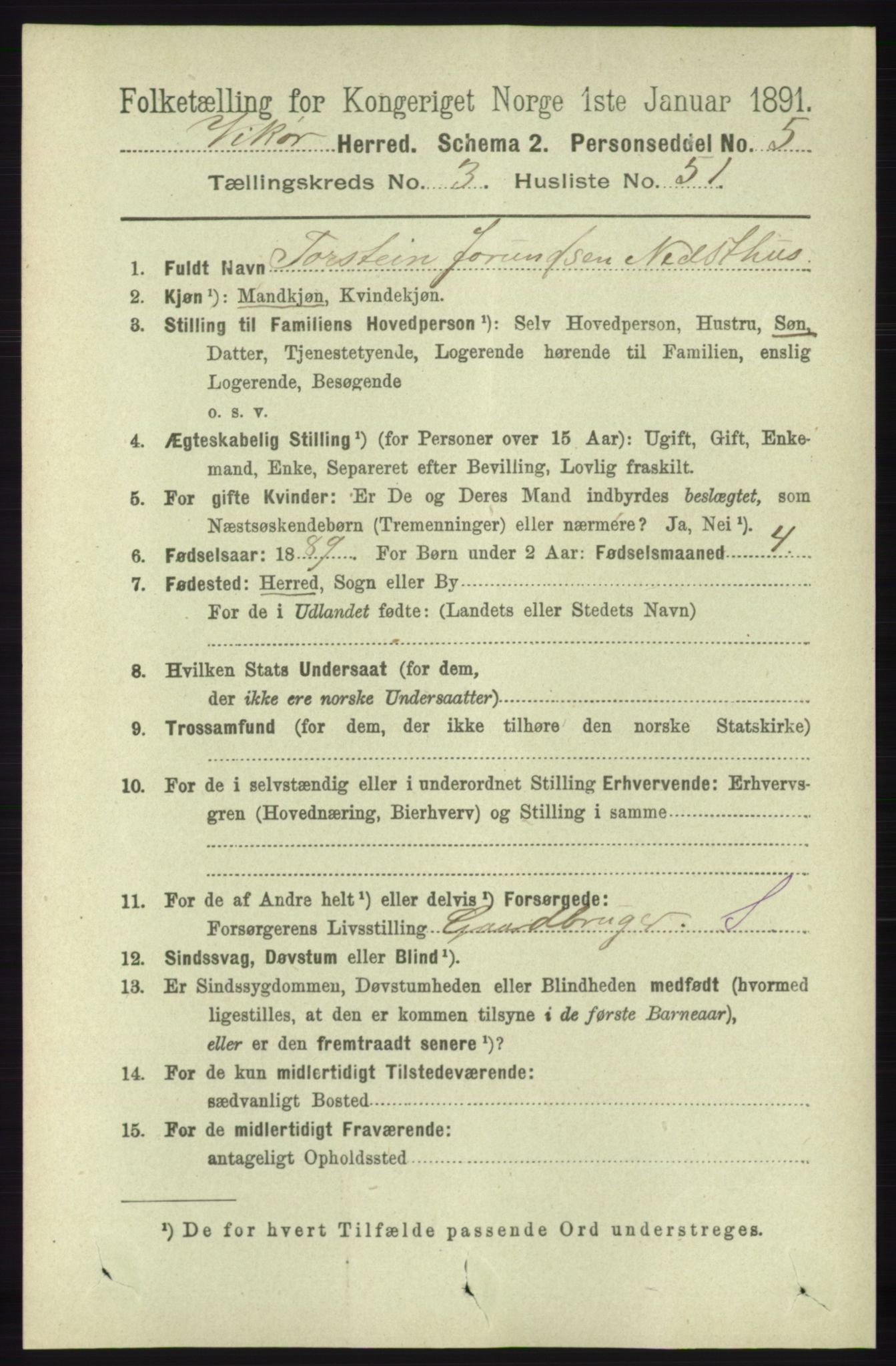 RA, 1891 census for 1238 Vikør, 1891, p. 1026