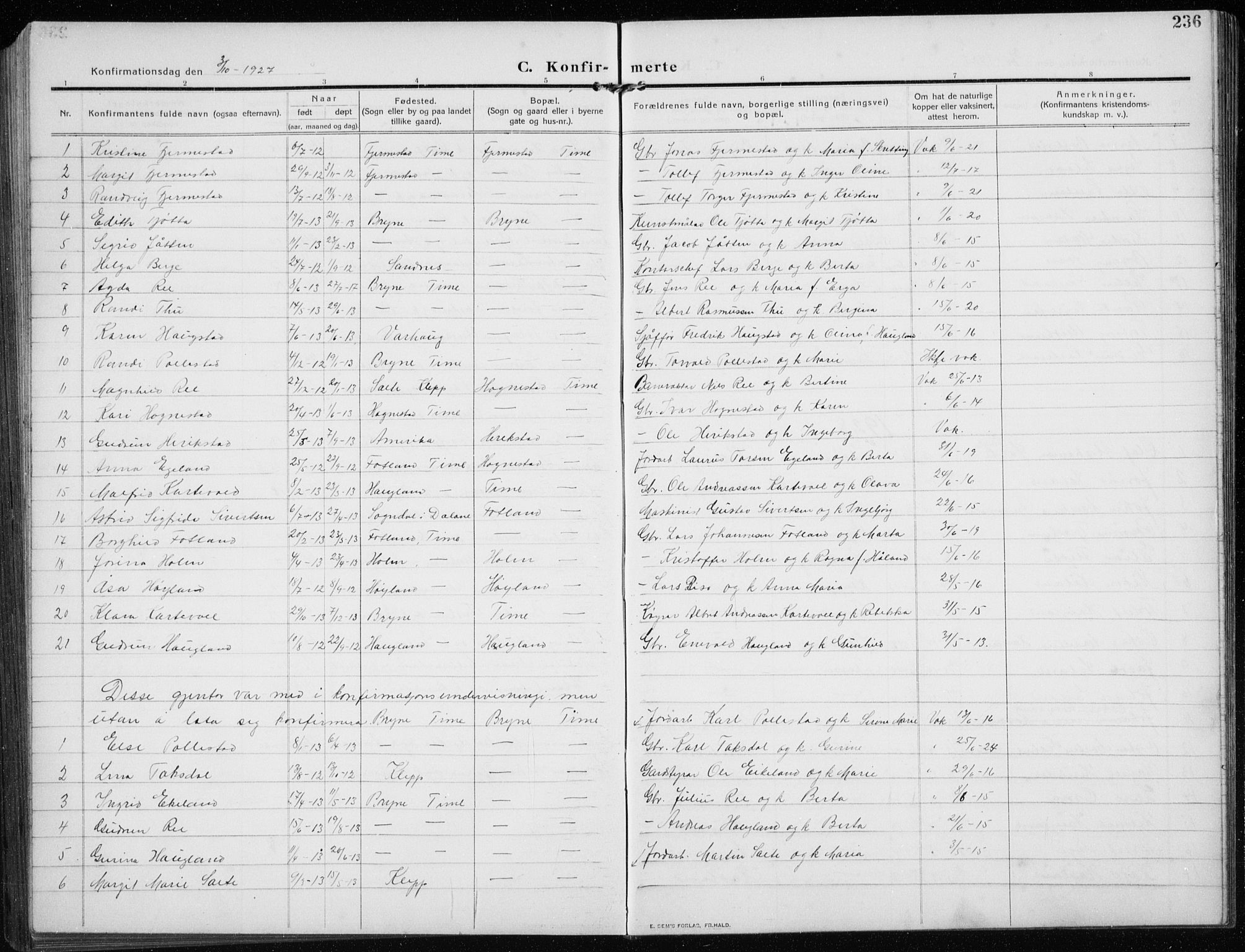 Time sokneprestkontor, AV/SAST-A-101795/001/30BB/L0001: Parish register (copy) no. B 1, 1910-1932, p. 236