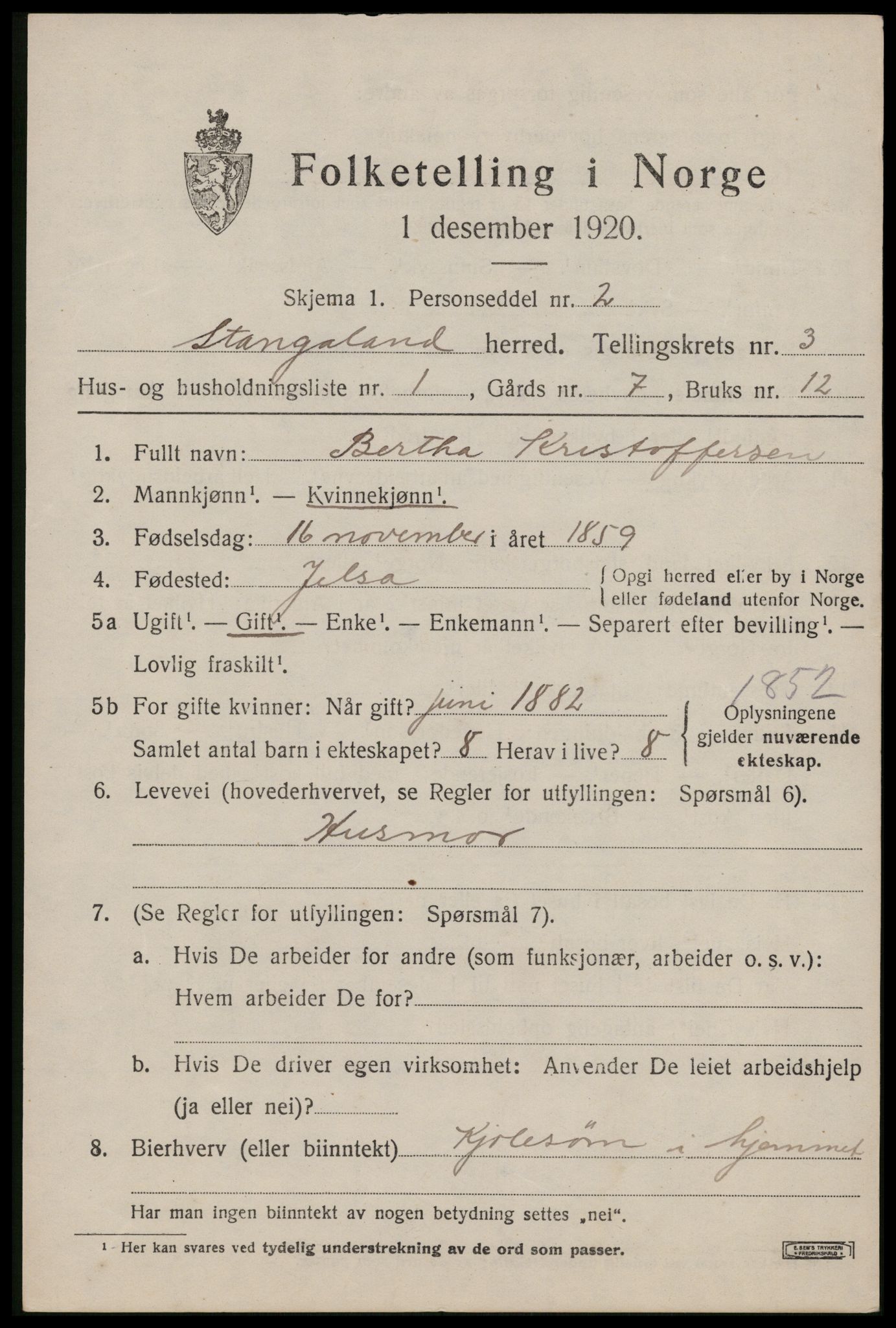 SAST, 1920 census for Stangaland, 1920, p. 2169