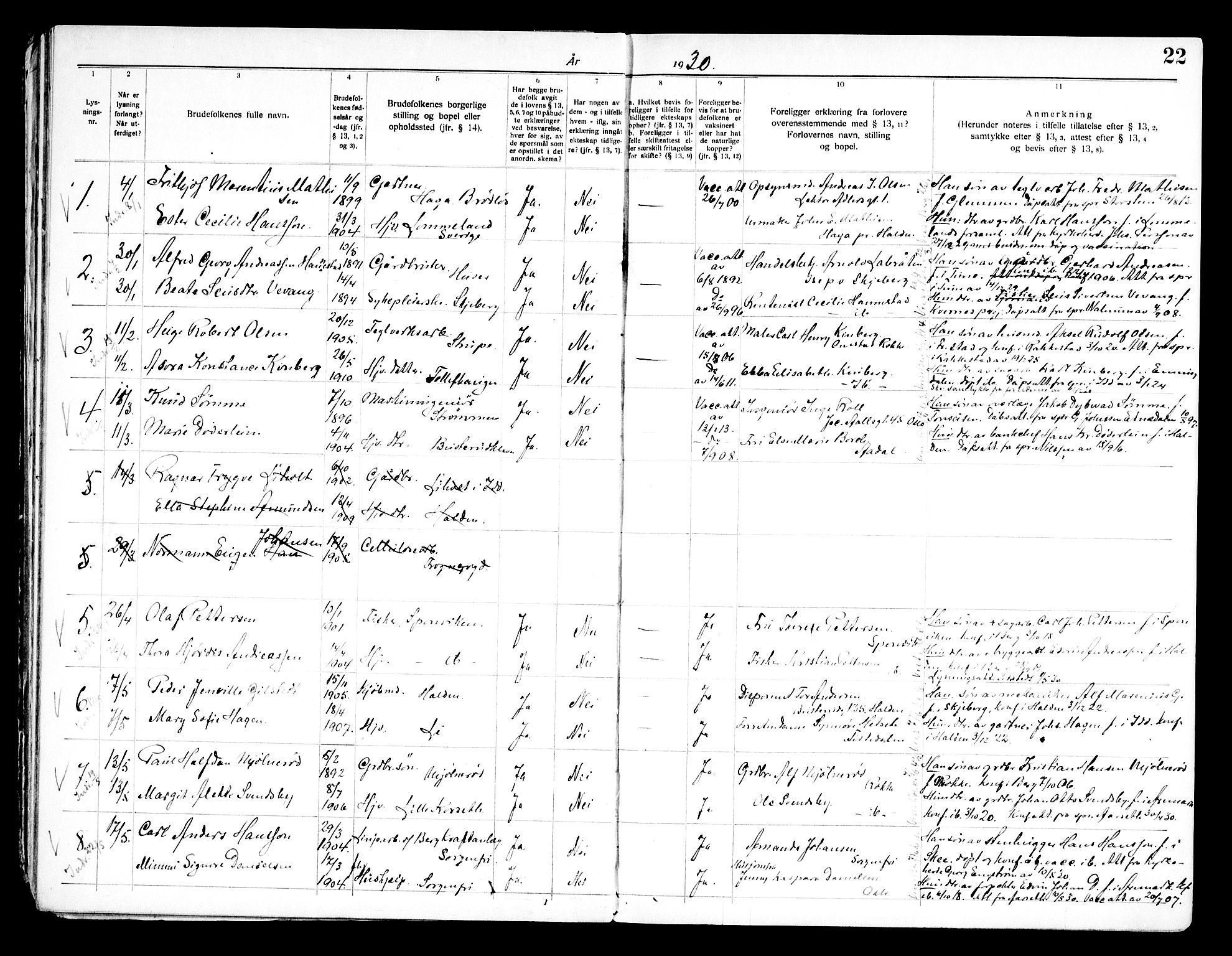 Berg prestekontor Kirkebøker, SAO/A-10902/H/Ha/L0002: Banns register no. I 2, 1919-1966, p. 22