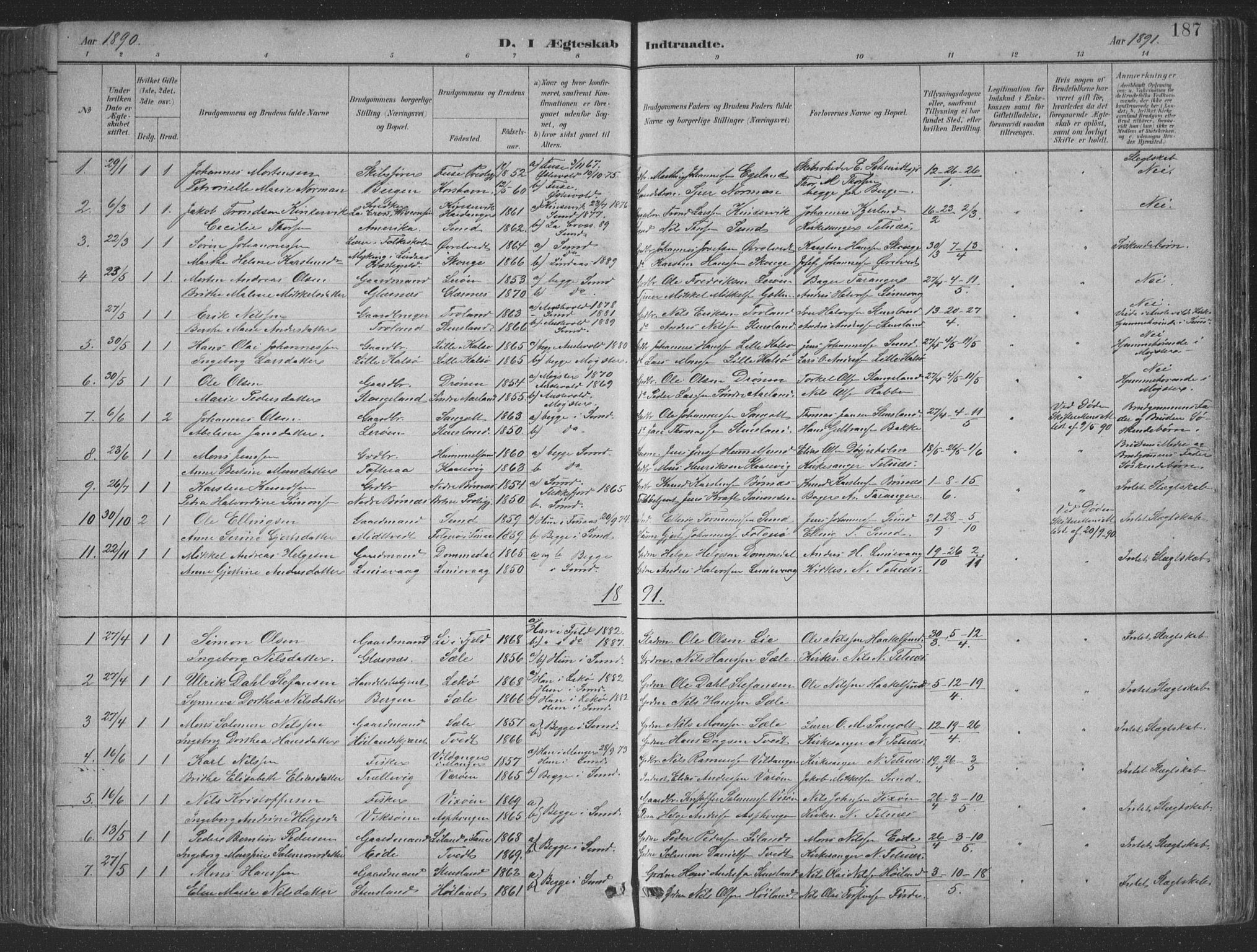 Sund sokneprestembete, SAB/A-99930: Parish register (copy) no. B 3, 1882-1911, p. 187