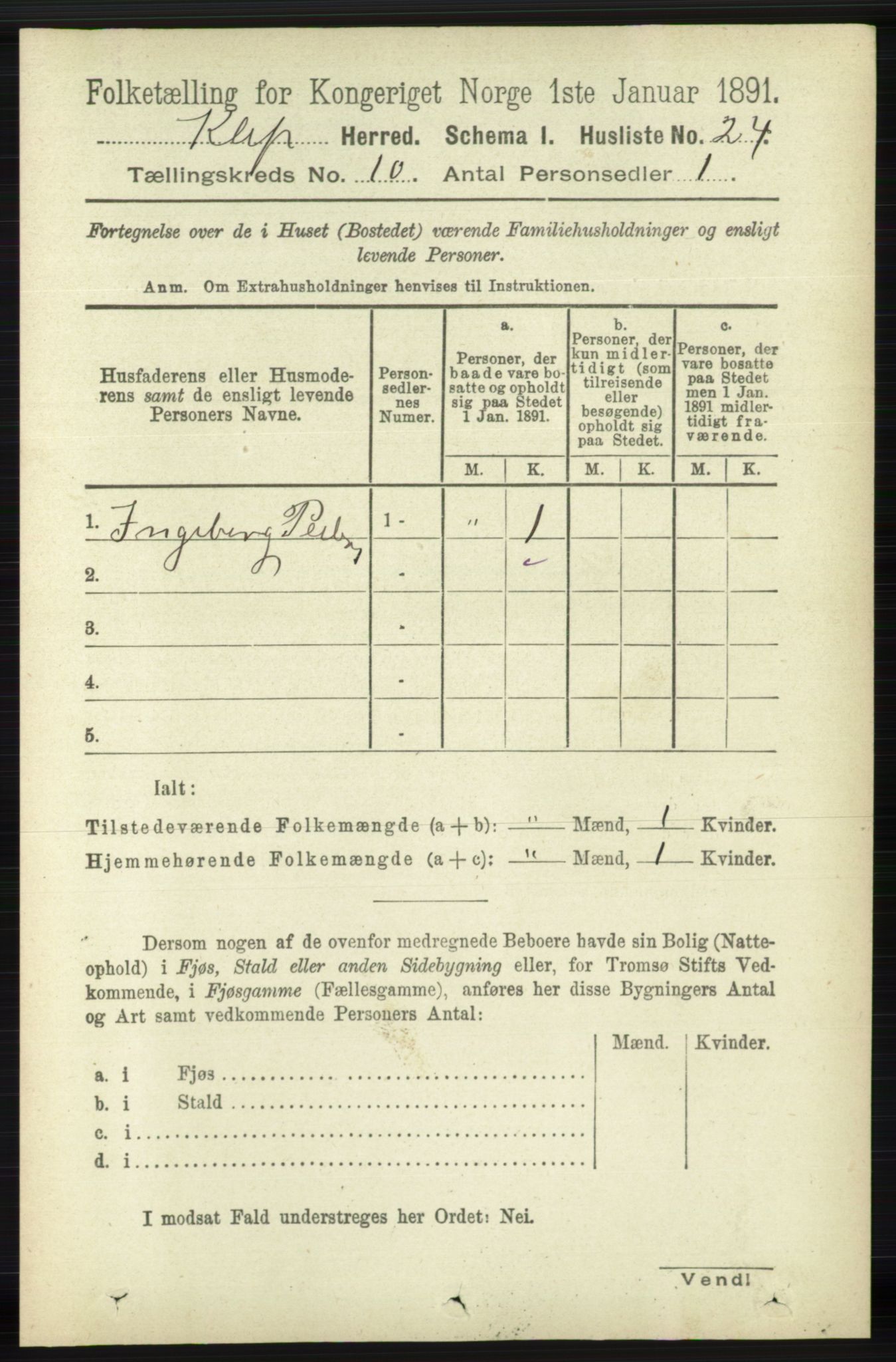 RA, 1891 census for 1120 Klepp, 1891, p. 2842