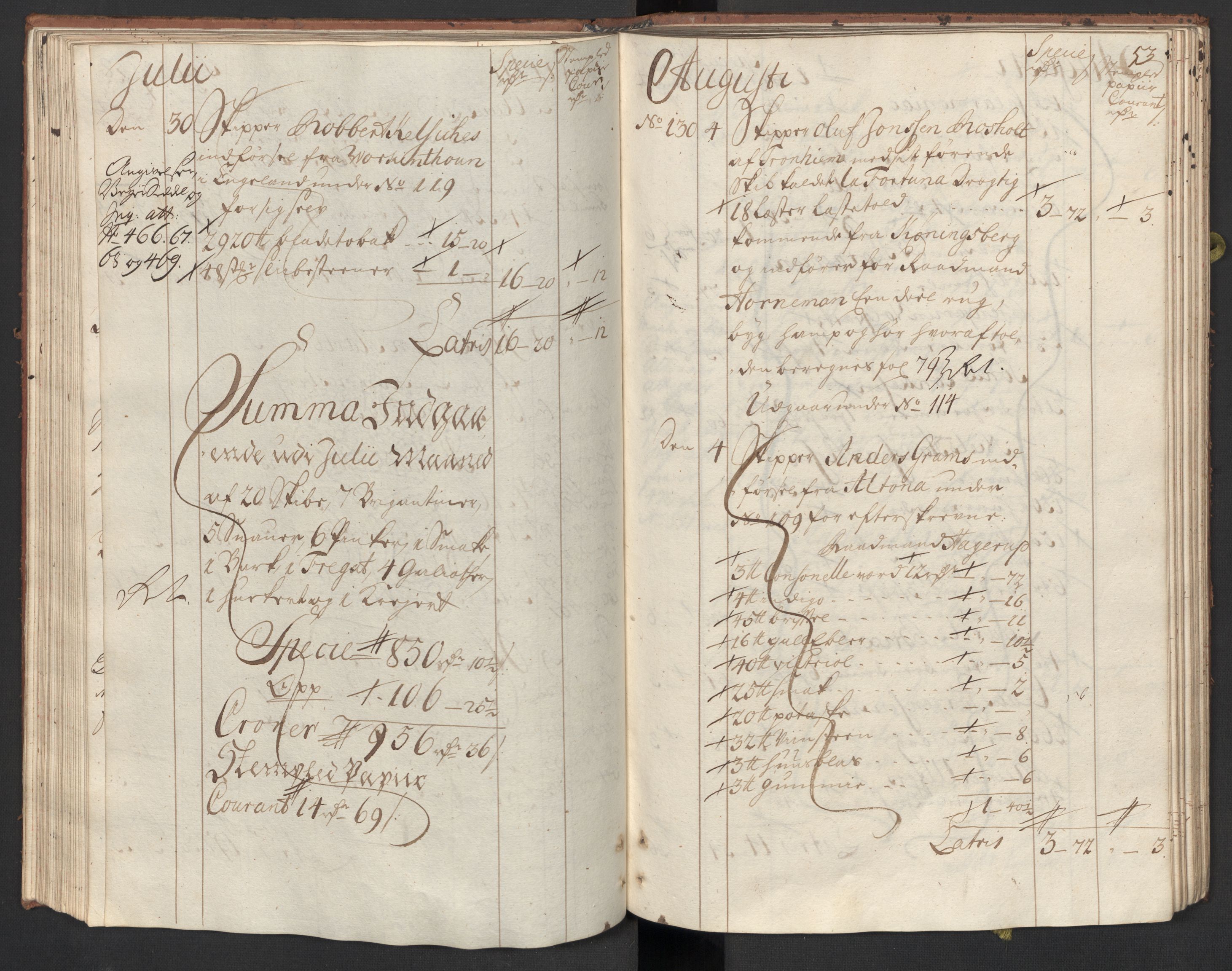 Generaltollkammeret, tollregnskaper, RA/EA-5490/R33/L0015/0001: Tollregnskaper Trondheim A / Inngående tollbok, 1733, p. 52b-53a