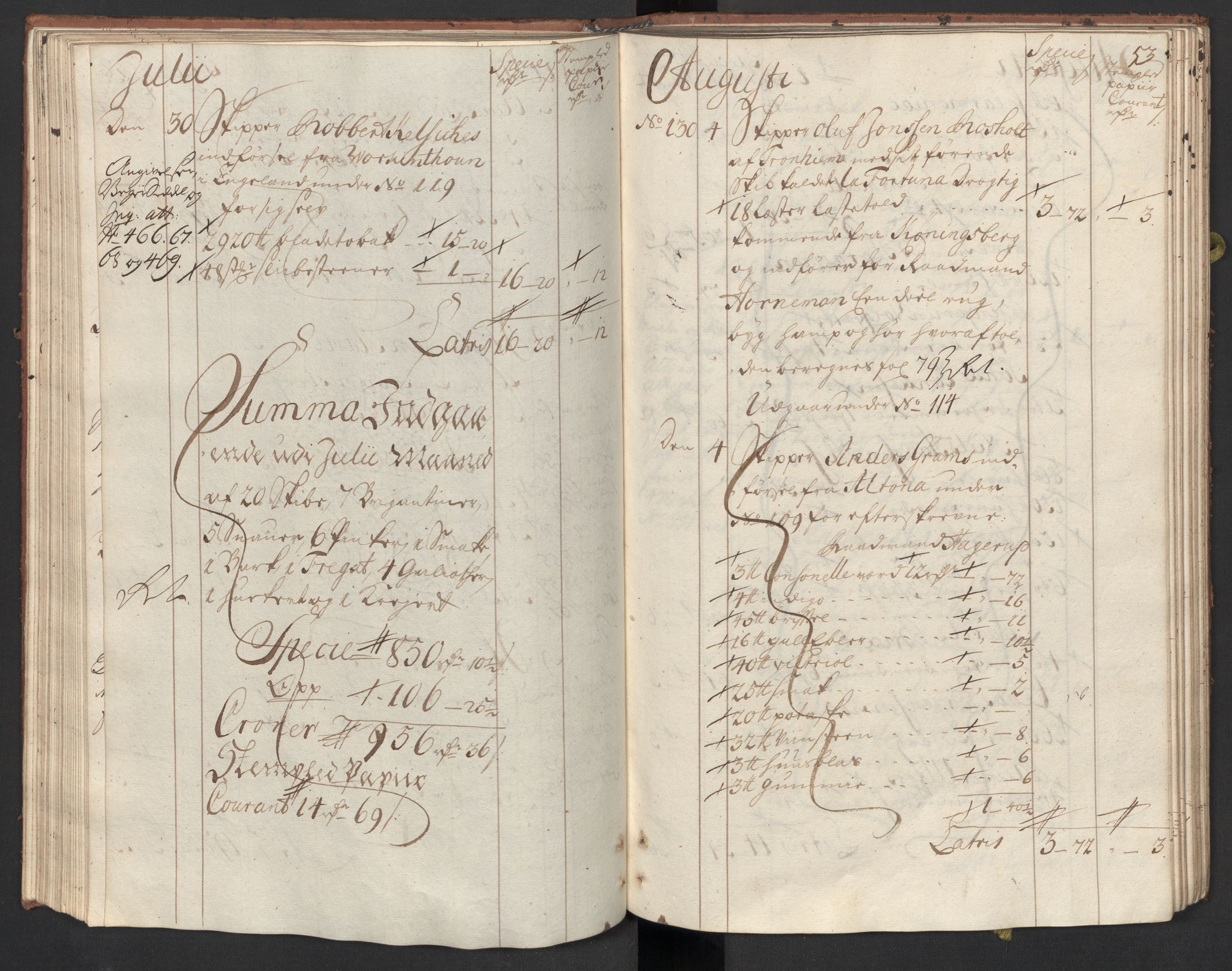 Generaltollkammeret, tollregnskaper, AV/RA-EA-5490/R33/L0015/0001: Tollregnskaper Trondheim A / Inngående tollbok, 1733, p. 52b-53a