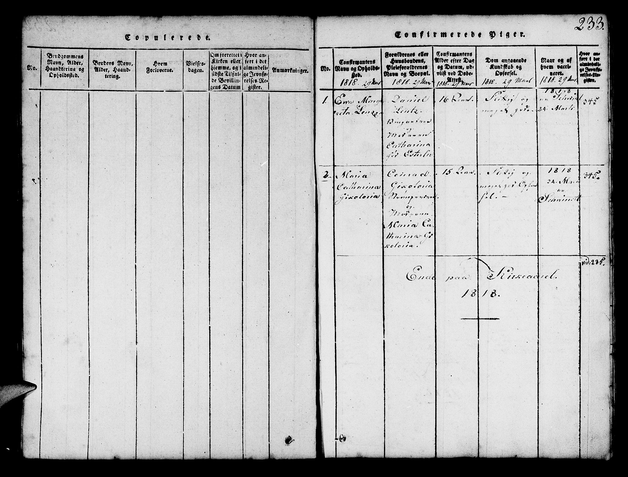Mariakirken Sokneprestembete, SAB/A-76901/H/Hab/L0001: Parish register (copy) no. A 1, 1815-1846, p. 233