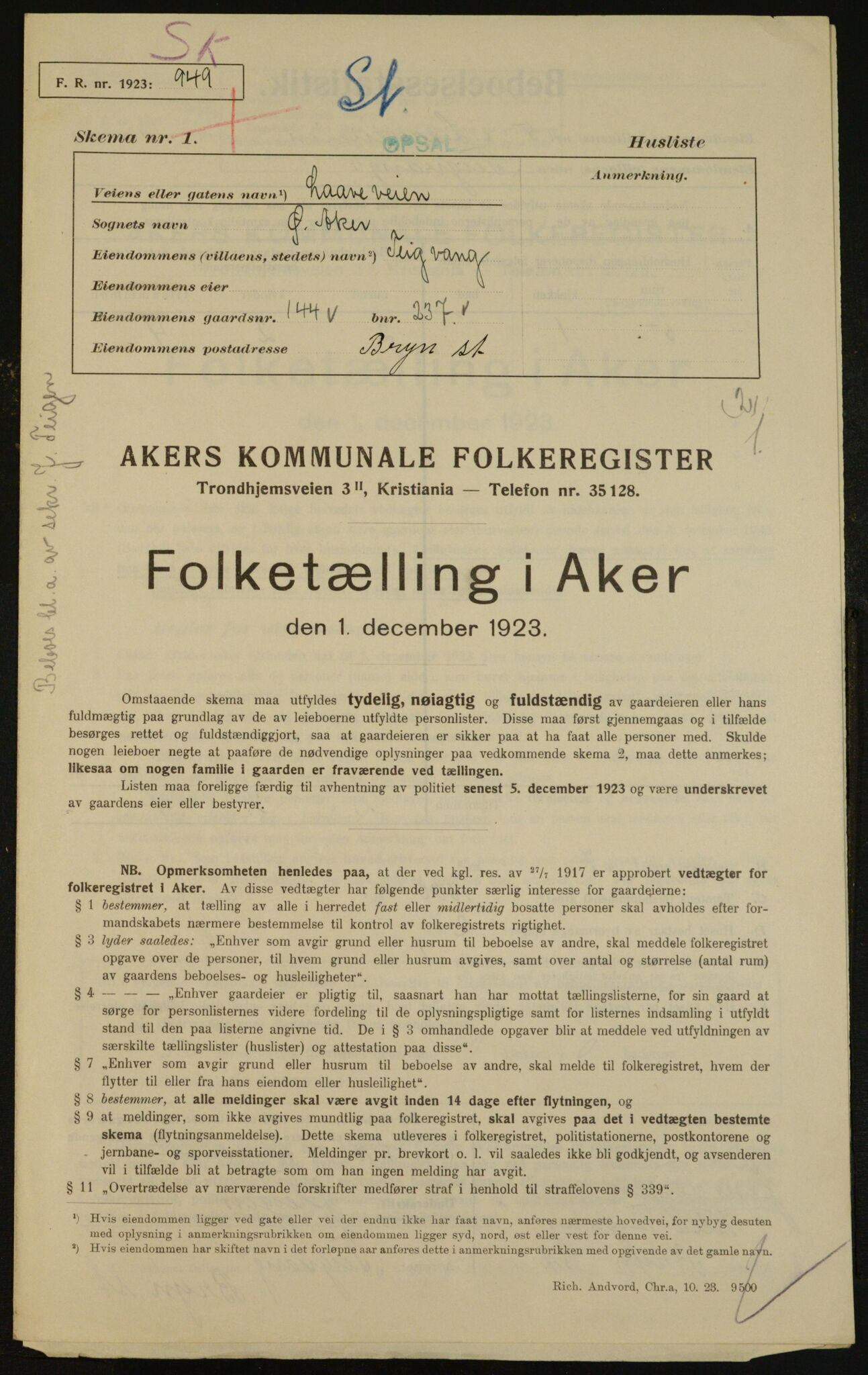 , Municipal Census 1923 for Aker, 1923, p. 28632