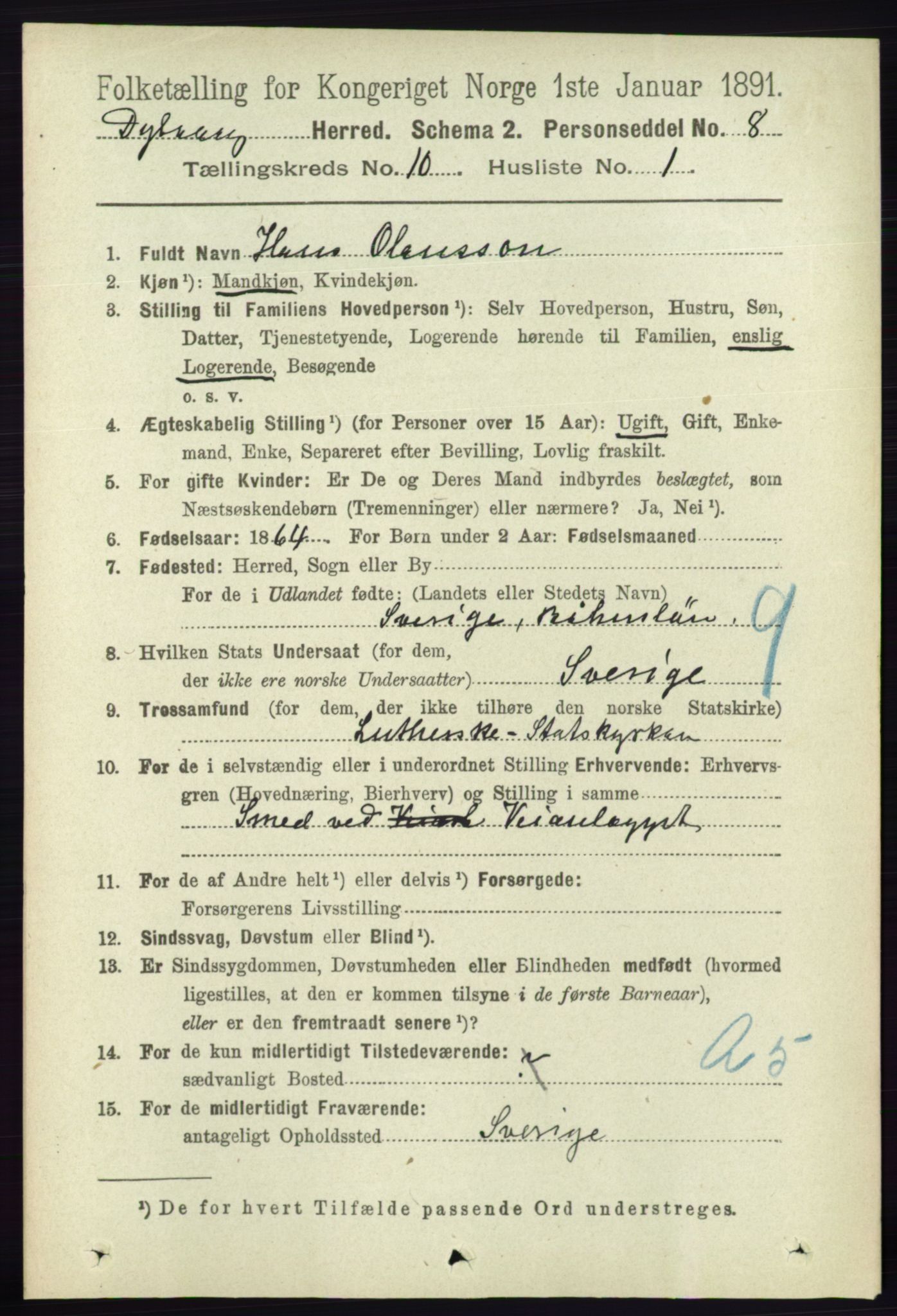 RA, 1891 census for 0915 Dypvåg, 1891, p. 3711