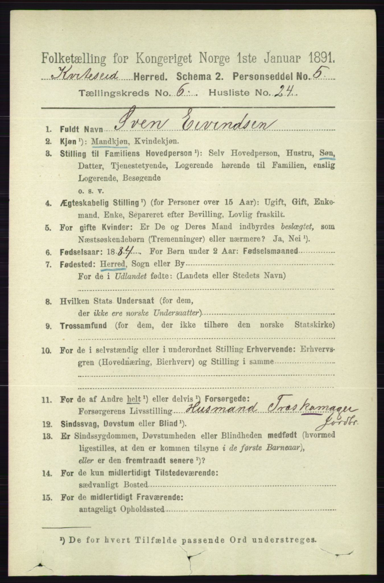 RA, 1891 census for 0829 Kviteseid, 1891, p. 1314