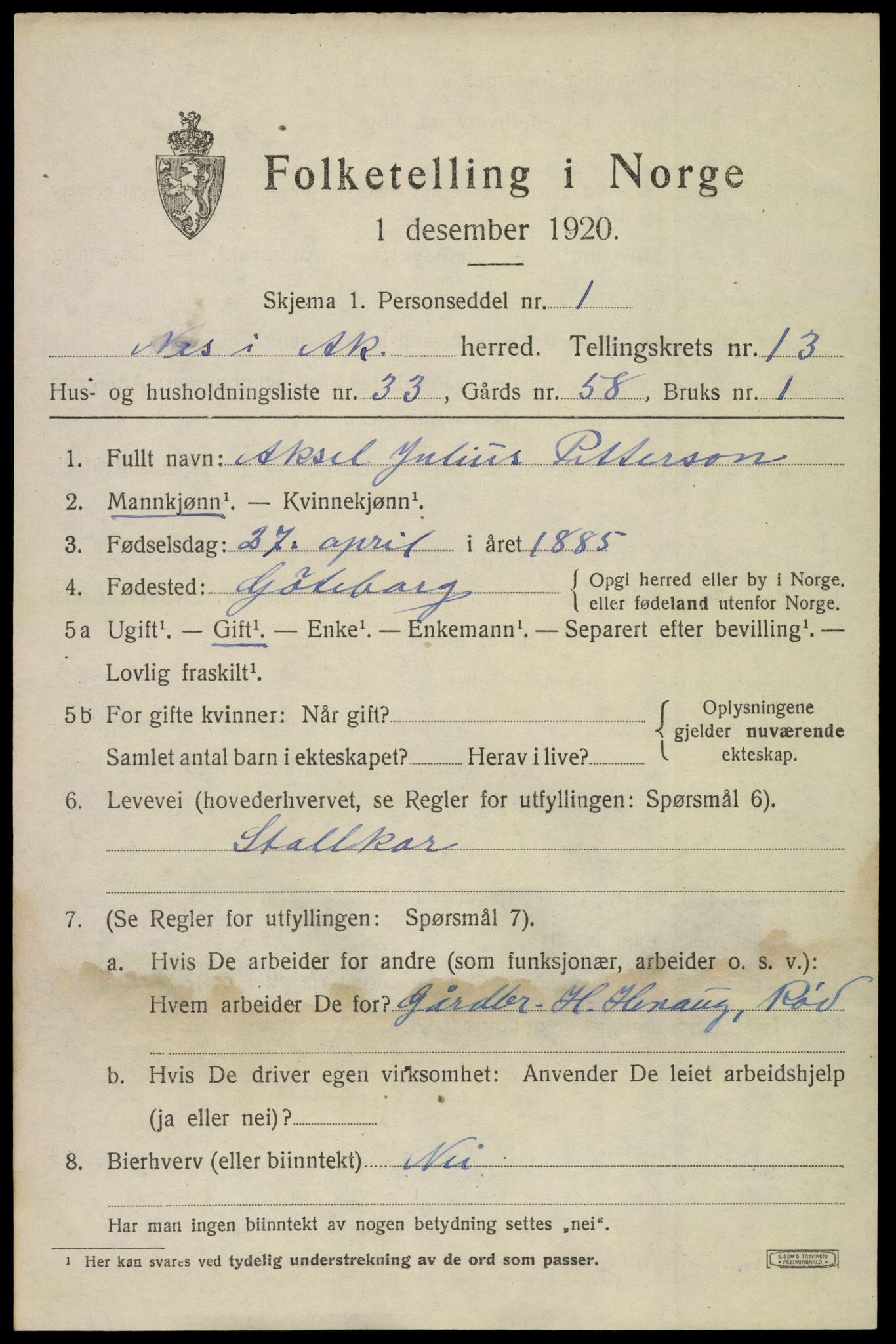 SAO, 1920 census for Nes, 1920, p. 13728