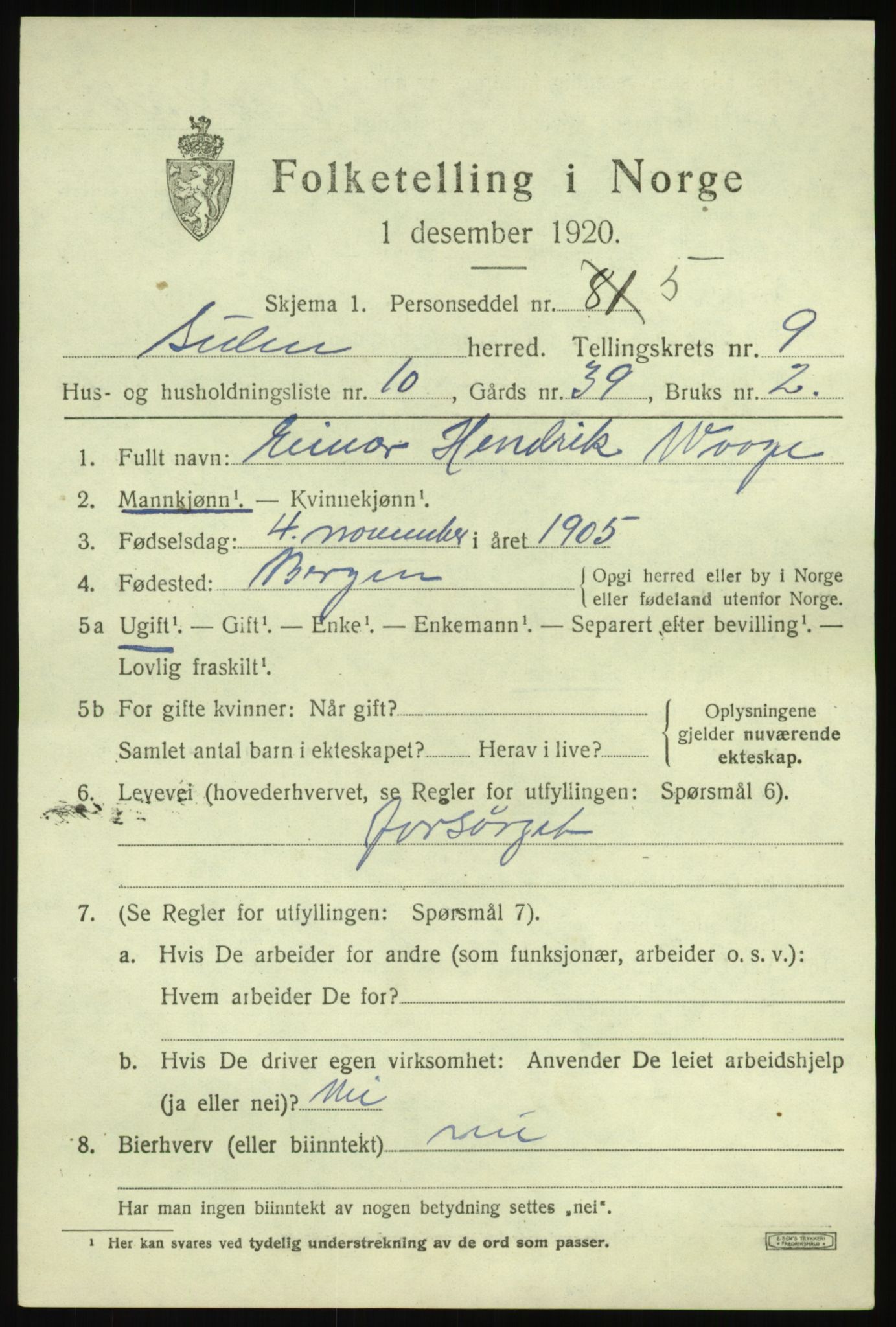 SAB, 1920 census for Solund, 1920, p. 3402