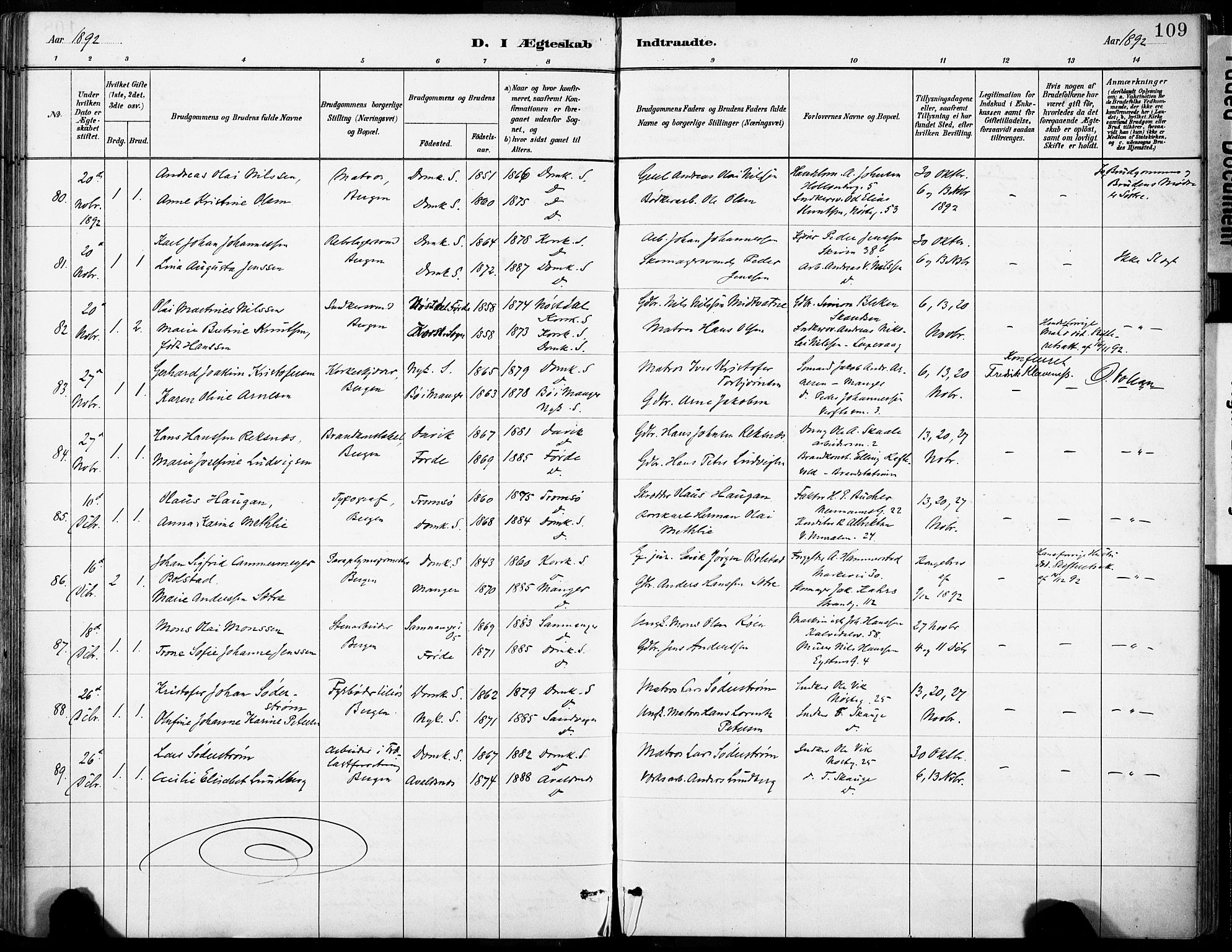 Domkirken sokneprestembete, AV/SAB-A-74801/H/Haa/L0037: Parish register (official) no. D 4, 1880-1907, p. 109