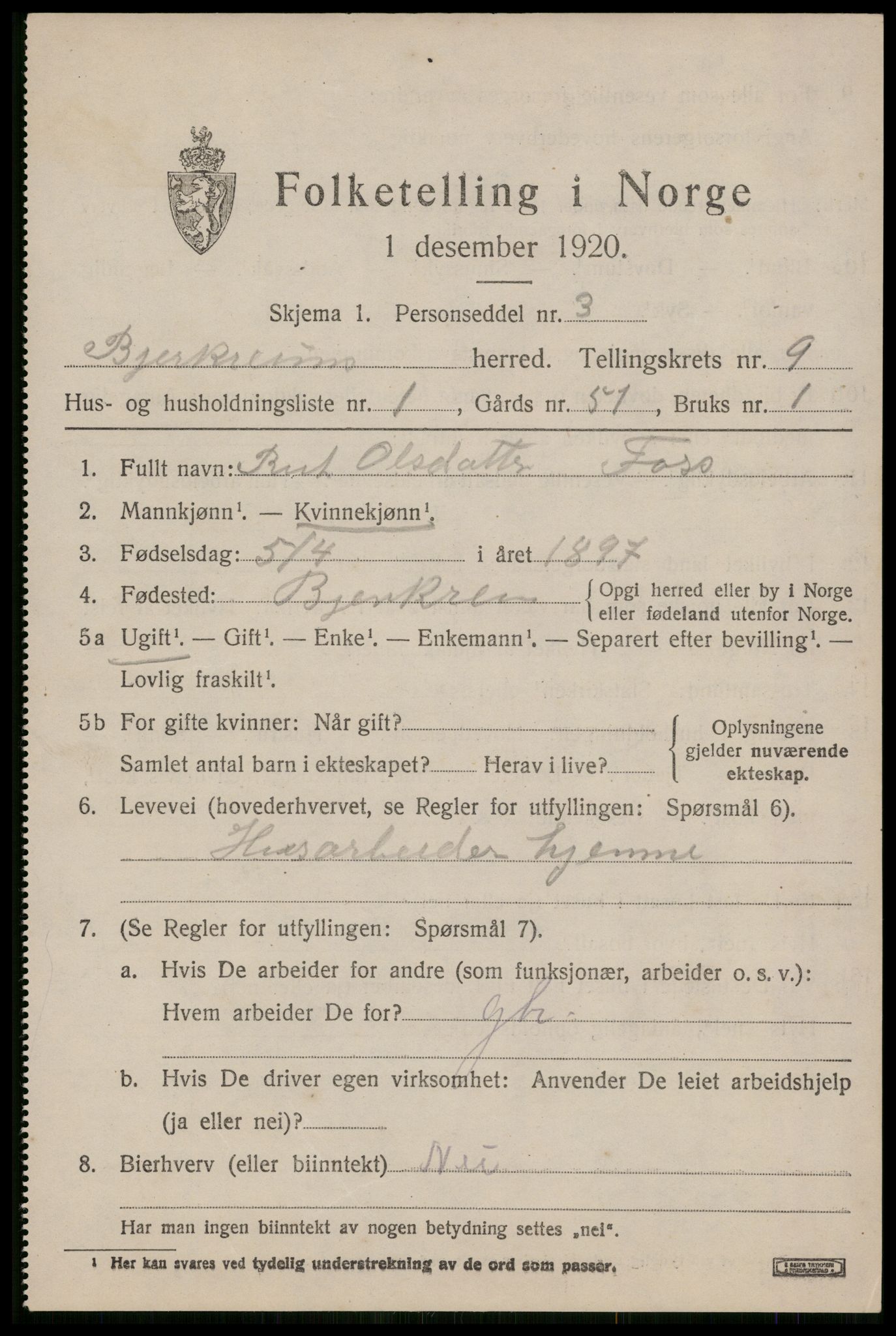 SAST, 1920 census for Bjerkreim, 1920, p. 3062