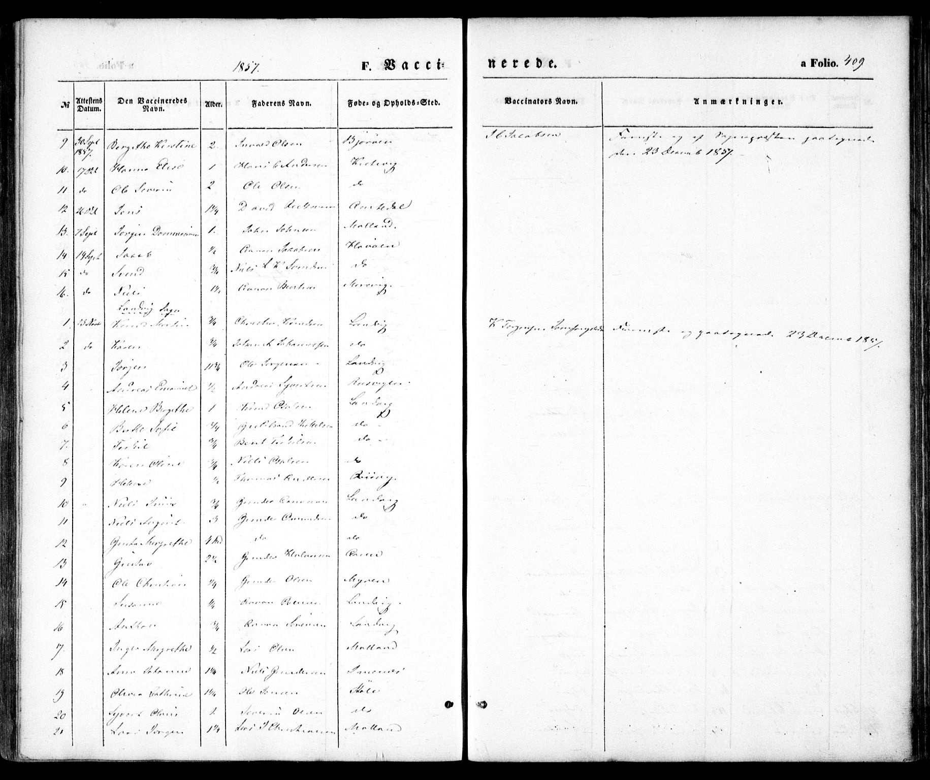 Hommedal sokneprestkontor, SAK/1111-0023/F/Fa/Fab/L0004: Parish register (official) no. A 4, 1848-1860, p. 409