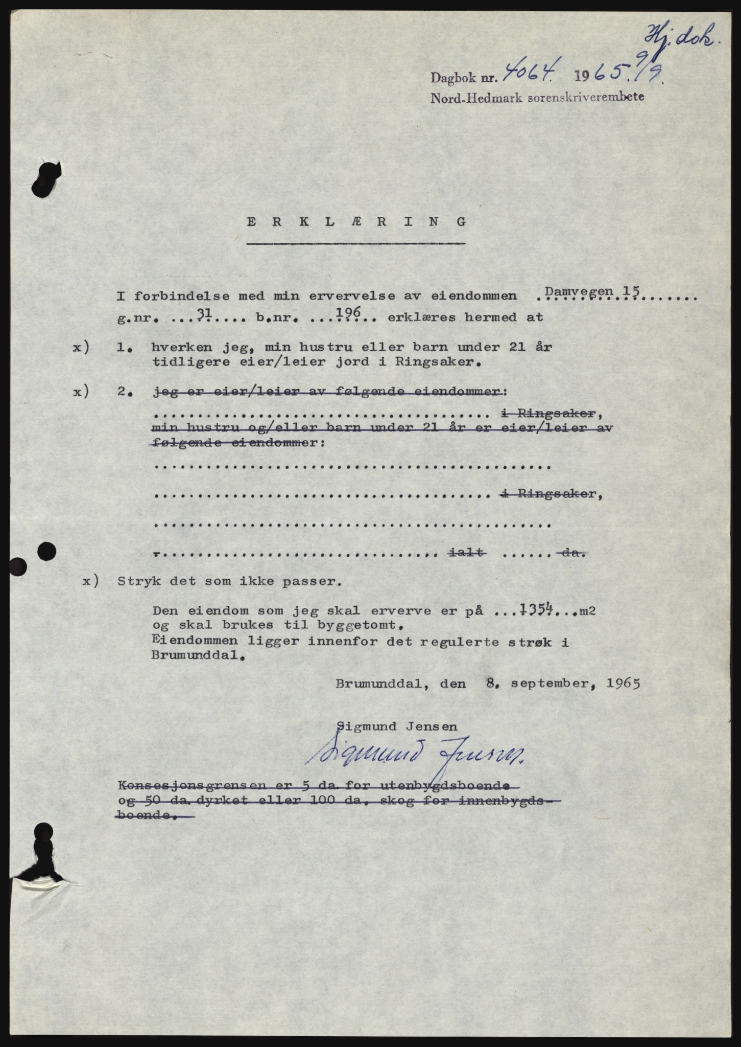 Nord-Hedmark sorenskriveri, SAH/TING-012/H/Hc/L0022: Mortgage book no. 22, 1965-1965, Diary no: : 4064/1965