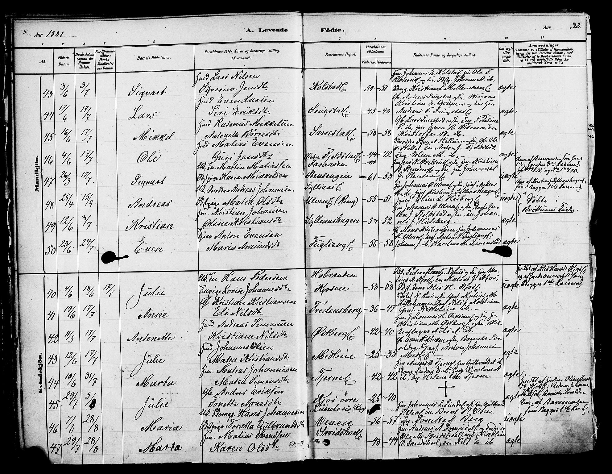 Ringsaker prestekontor, SAH/PREST-014/K/Ka/L0012: Parish register (official) no. 12, 1879-1890, p. 32