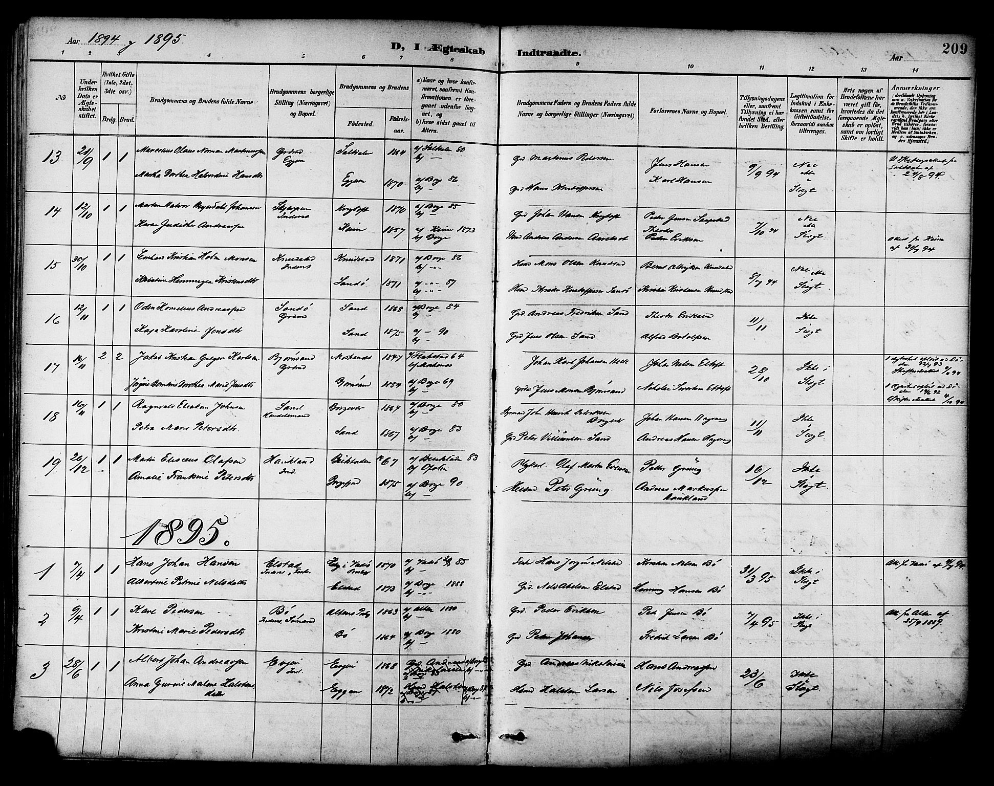 Ministerialprotokoller, klokkerbøker og fødselsregistre - Nordland, SAT/A-1459/880/L1133: Parish register (official) no. 880A07, 1888-1898, p. 209