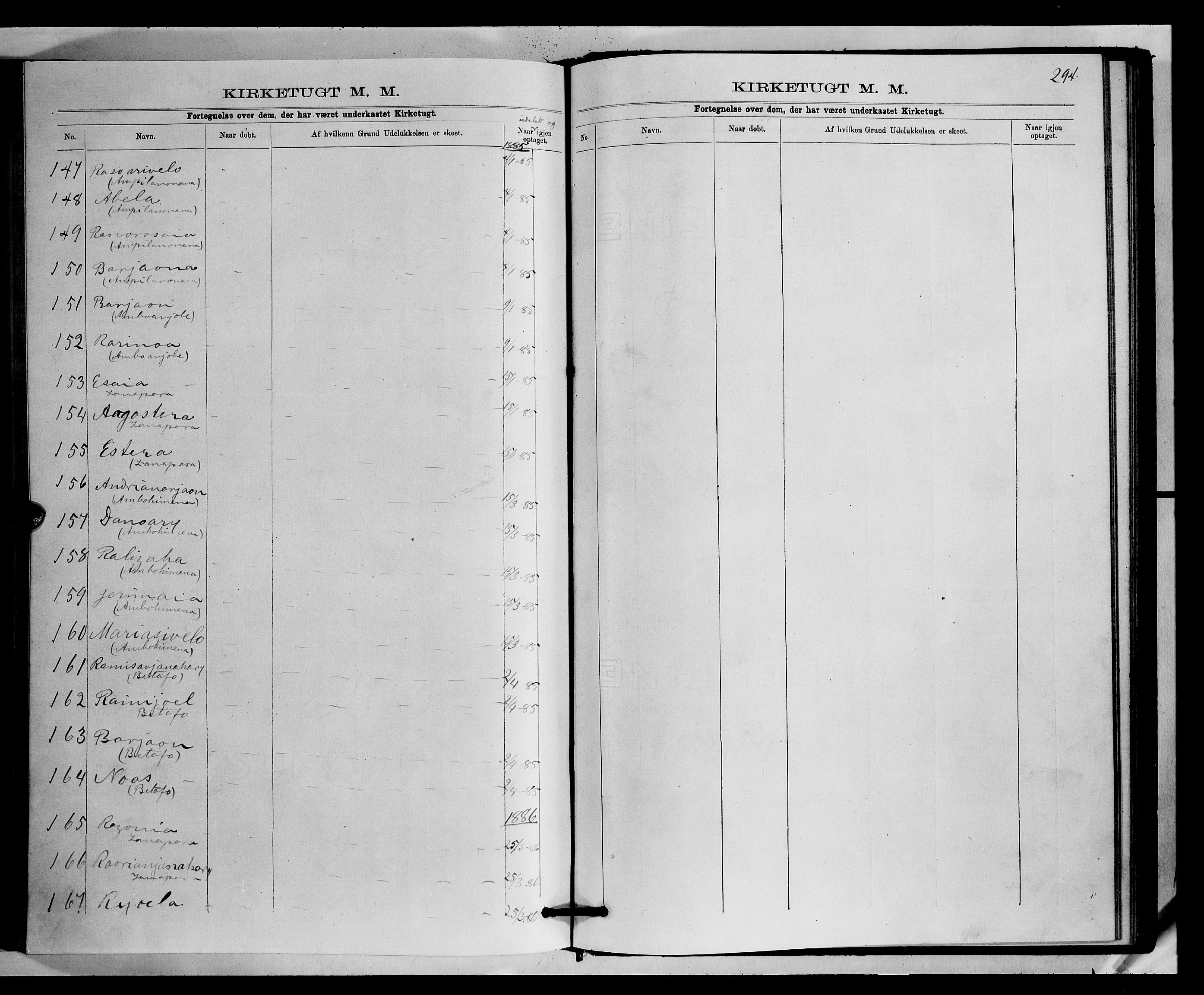 Archives FLM/NMS, Madagaskar, VID/MA-A-1163/D/Db/L0270: Parish register (official) no. 2, 1883-1886, p. 294