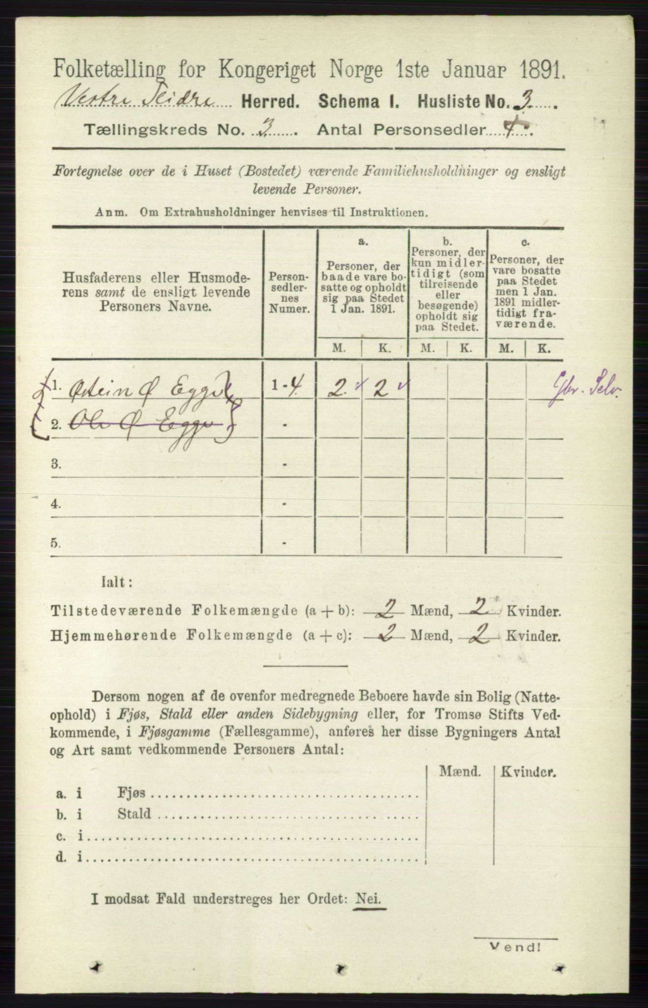 RA, 1891 census for 0543 Vestre Slidre, 1891, p. 766