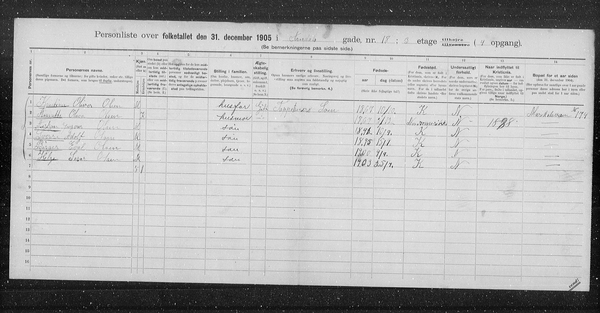 OBA, Municipal Census 1905 for Kristiania, 1905, p. 1104