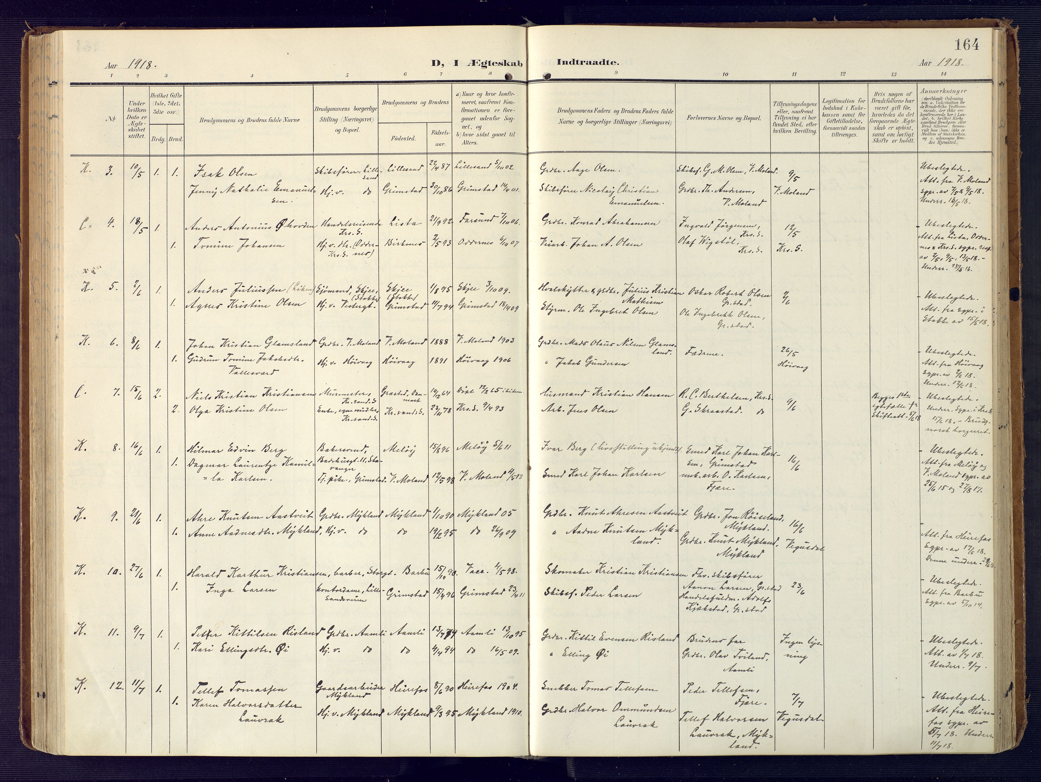 Grimstad sokneprestkontor, AV/SAK-1111-0017/F/Fa/L0005: Parish register (official) no. A 4, 1911-1924, p. 164