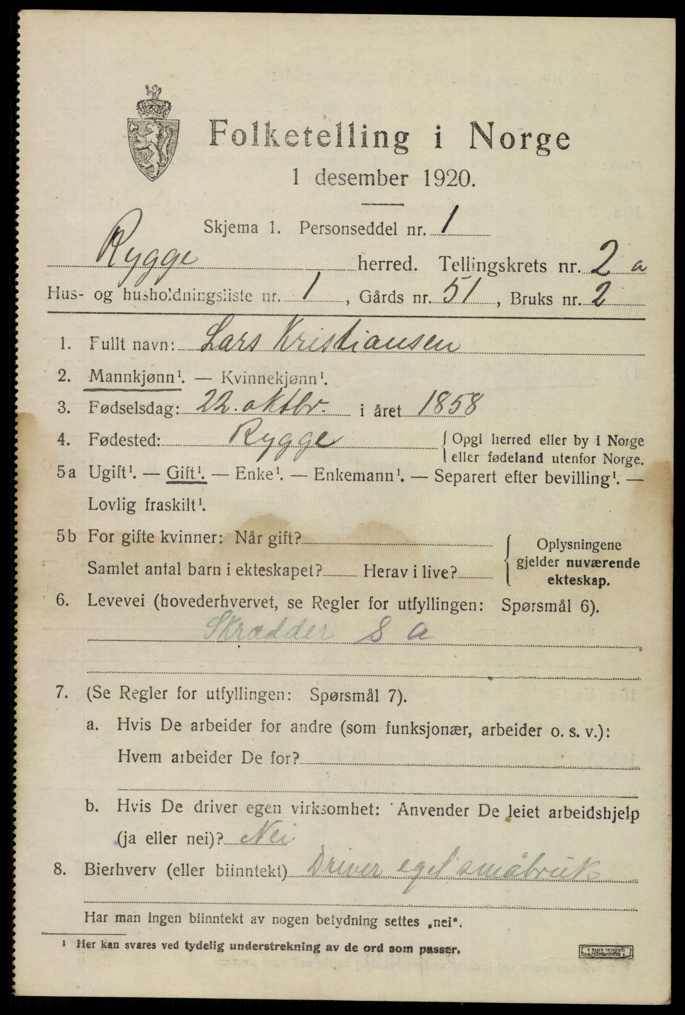SAO, 1920 census for Rygge, 1920, p. 6845