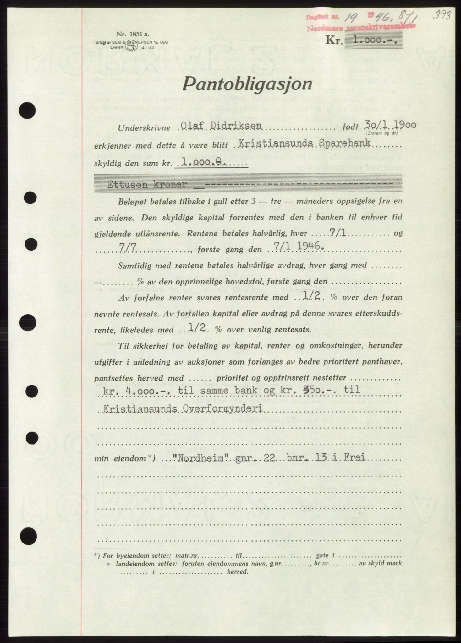 Nordmøre sorenskriveri, AV/SAT-A-4132/1/2/2Ca: Mortgage book no. B93b, 1946-1946, Diary no: : 19/1946