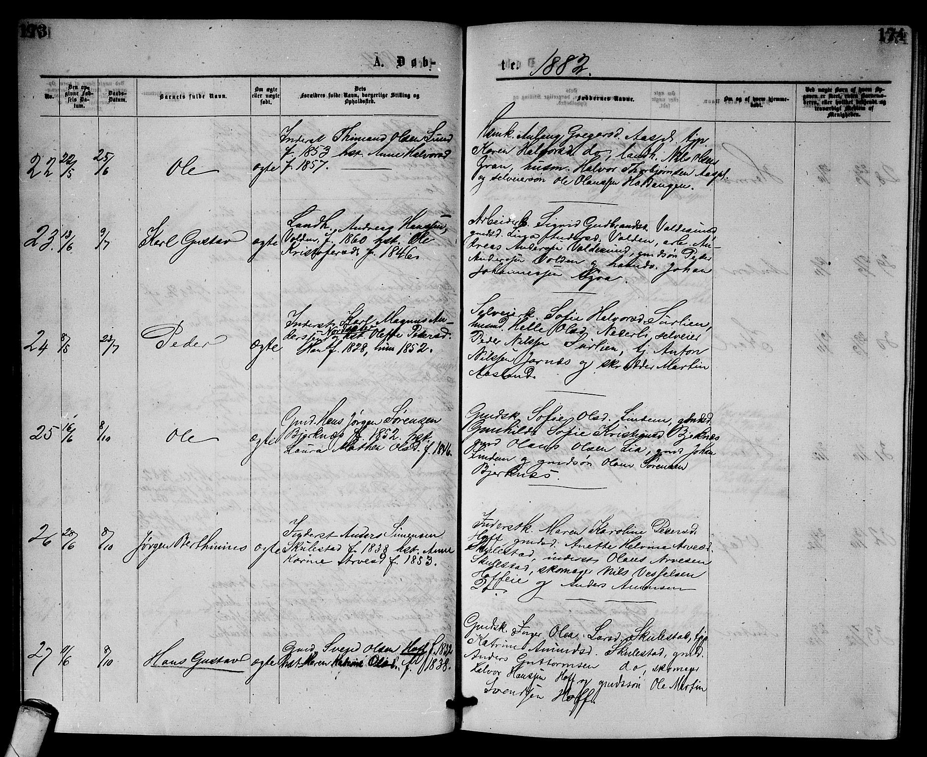 Sandsvær kirkebøker, AV/SAKO-A-244/G/Gb/L0001: Parish register (copy) no. II 1, 1874-1885, p. 173-174