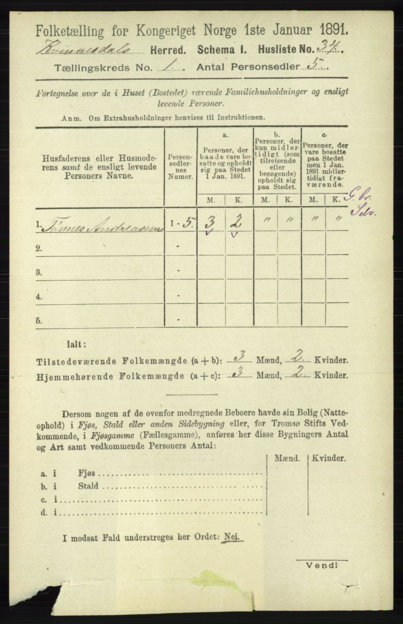 RA, 1891 census for 1037 Kvinesdal, 1891, p. 69