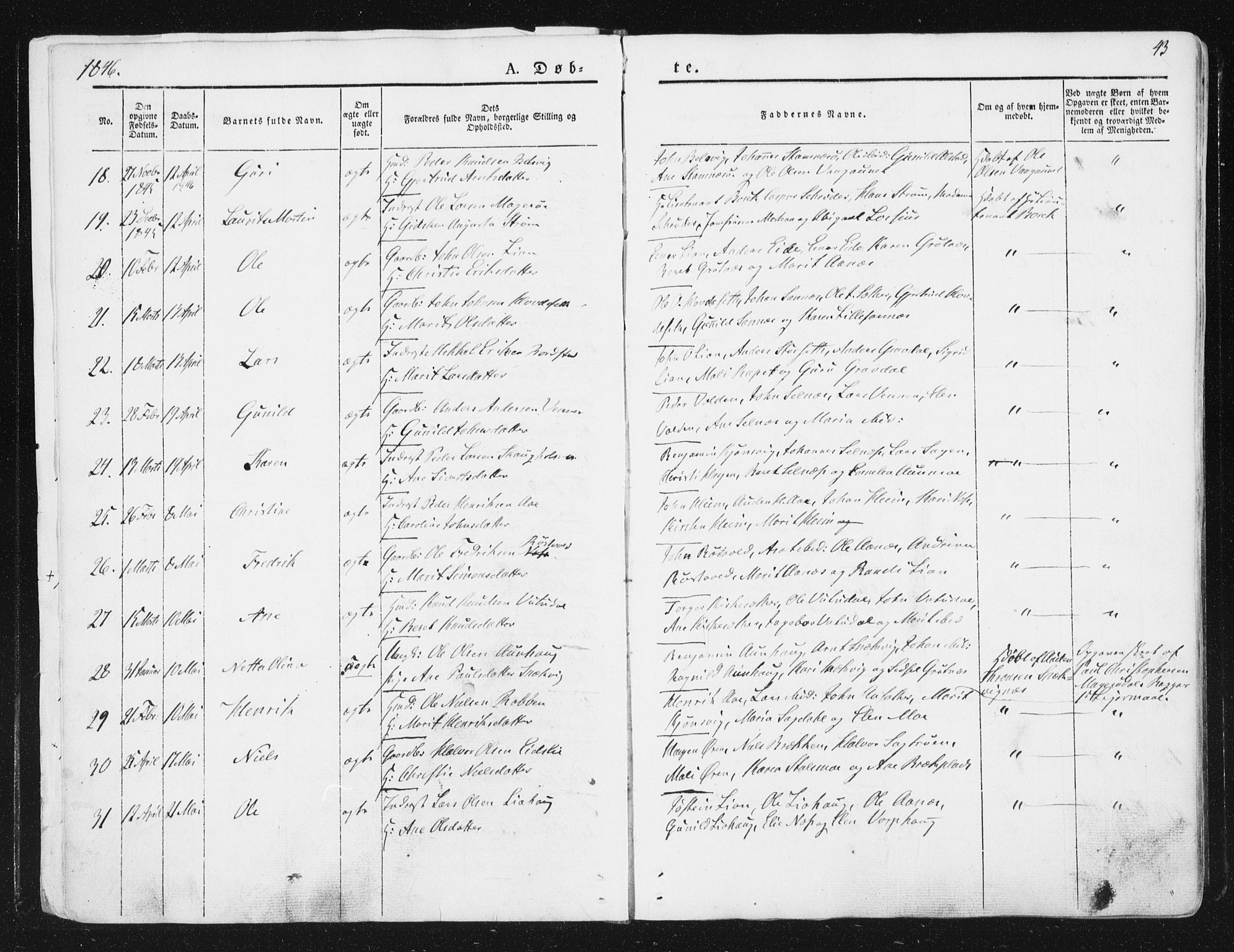 Ministerialprotokoller, klokkerbøker og fødselsregistre - Sør-Trøndelag, AV/SAT-A-1456/630/L0493: Parish register (official) no. 630A06, 1841-1851, p. 43