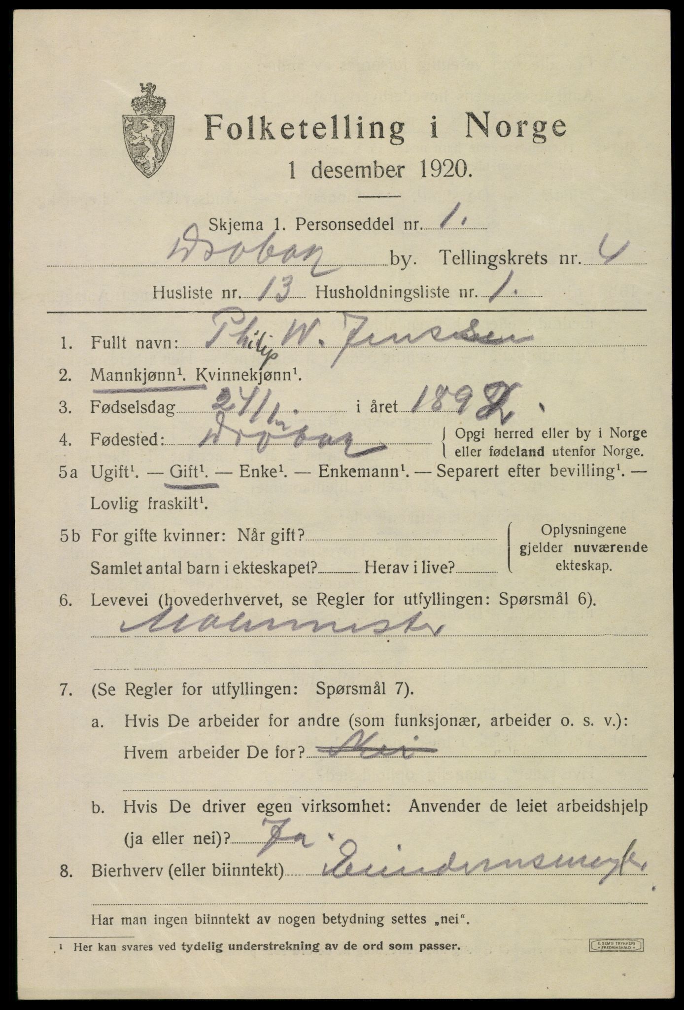 SAO, 1920 census for Drøbak, 1920, p. 4221