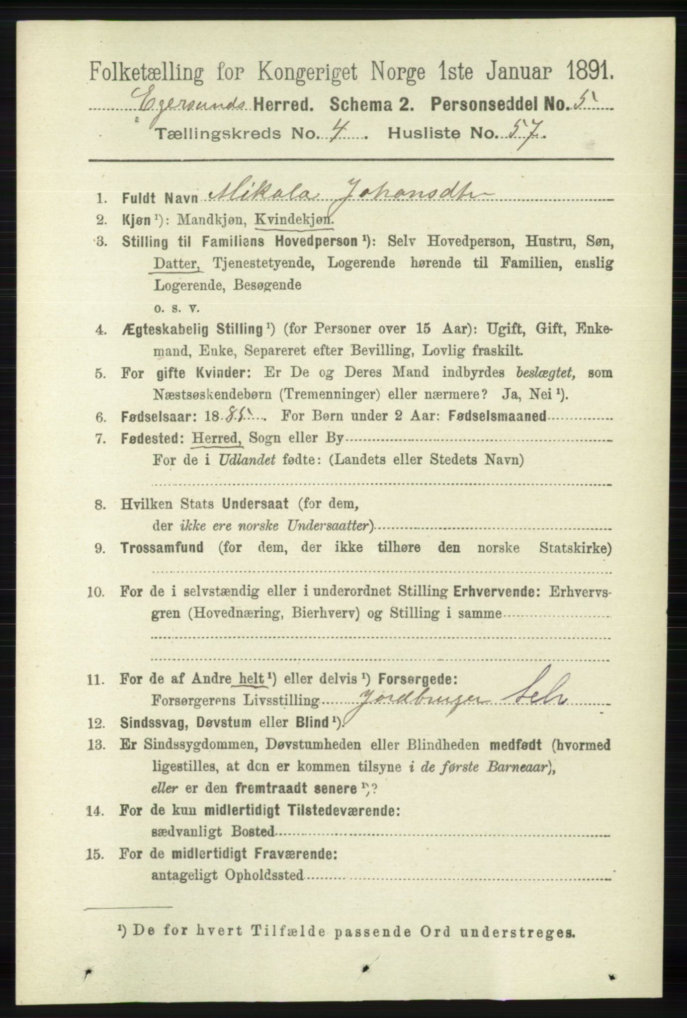 RA, 1891 census for 1116 Eigersund herred, 1891, p. 2006