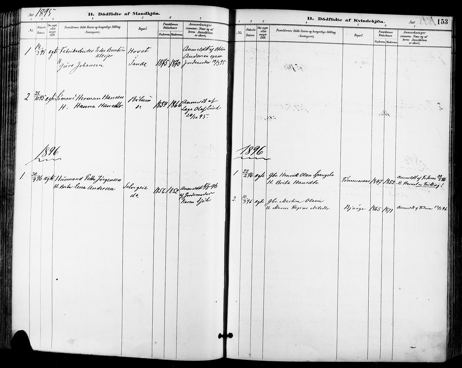 Sande Kirkebøker, AV/SAKO-A-53/F/Fa/L0007: Parish register (official) no. 7, 1888-1903, p. 153