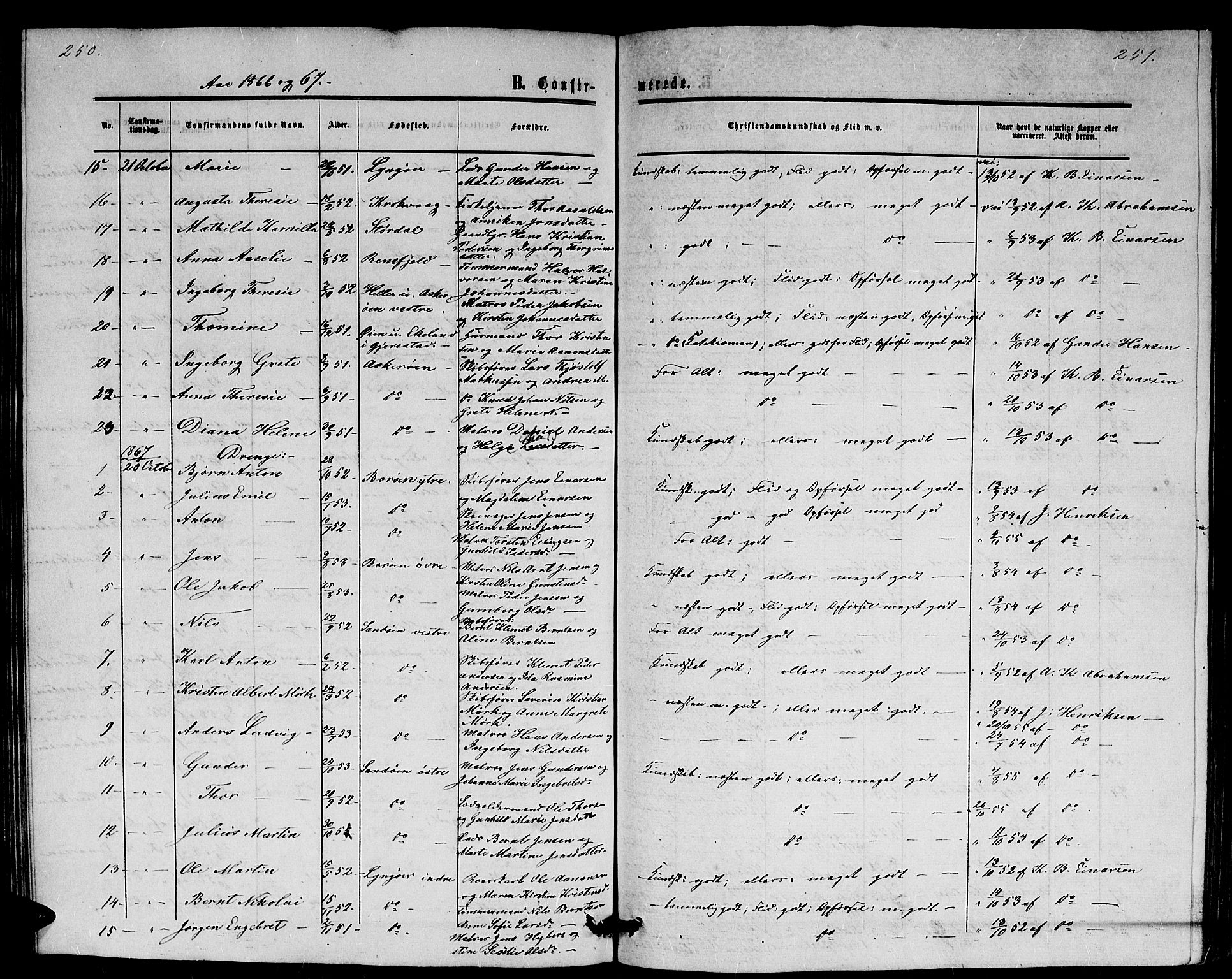 Dypvåg sokneprestkontor, AV/SAK-1111-0007/F/Fb/Fba/L0011: Parish register (copy) no. B 11, 1857-1872, p. 250-251