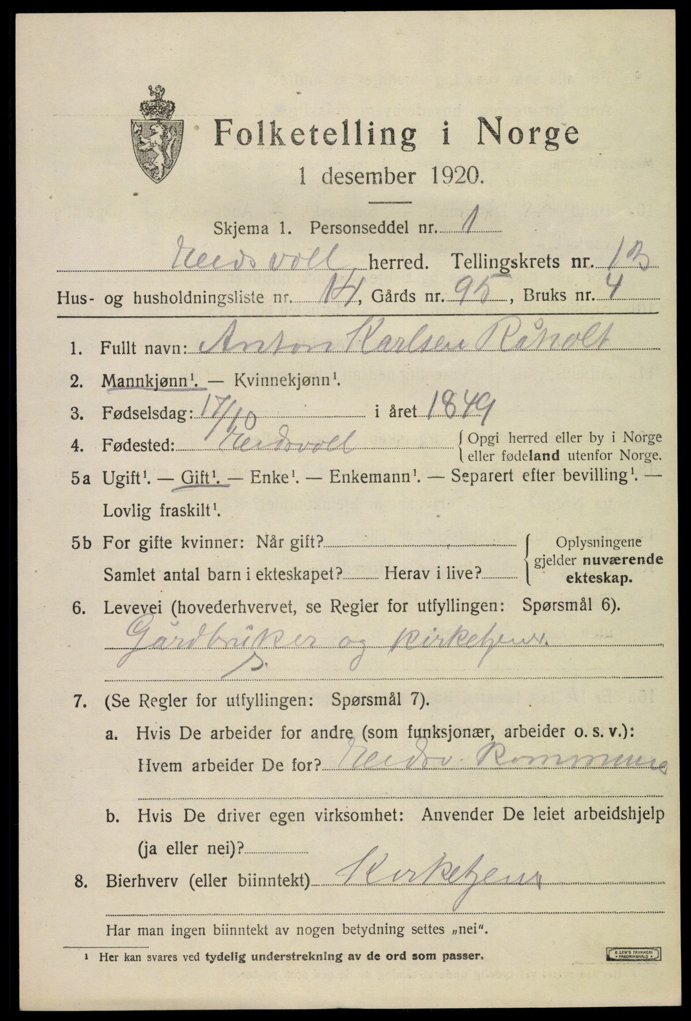 SAO, 1920 census for Eidsvoll, 1920, p. 20113