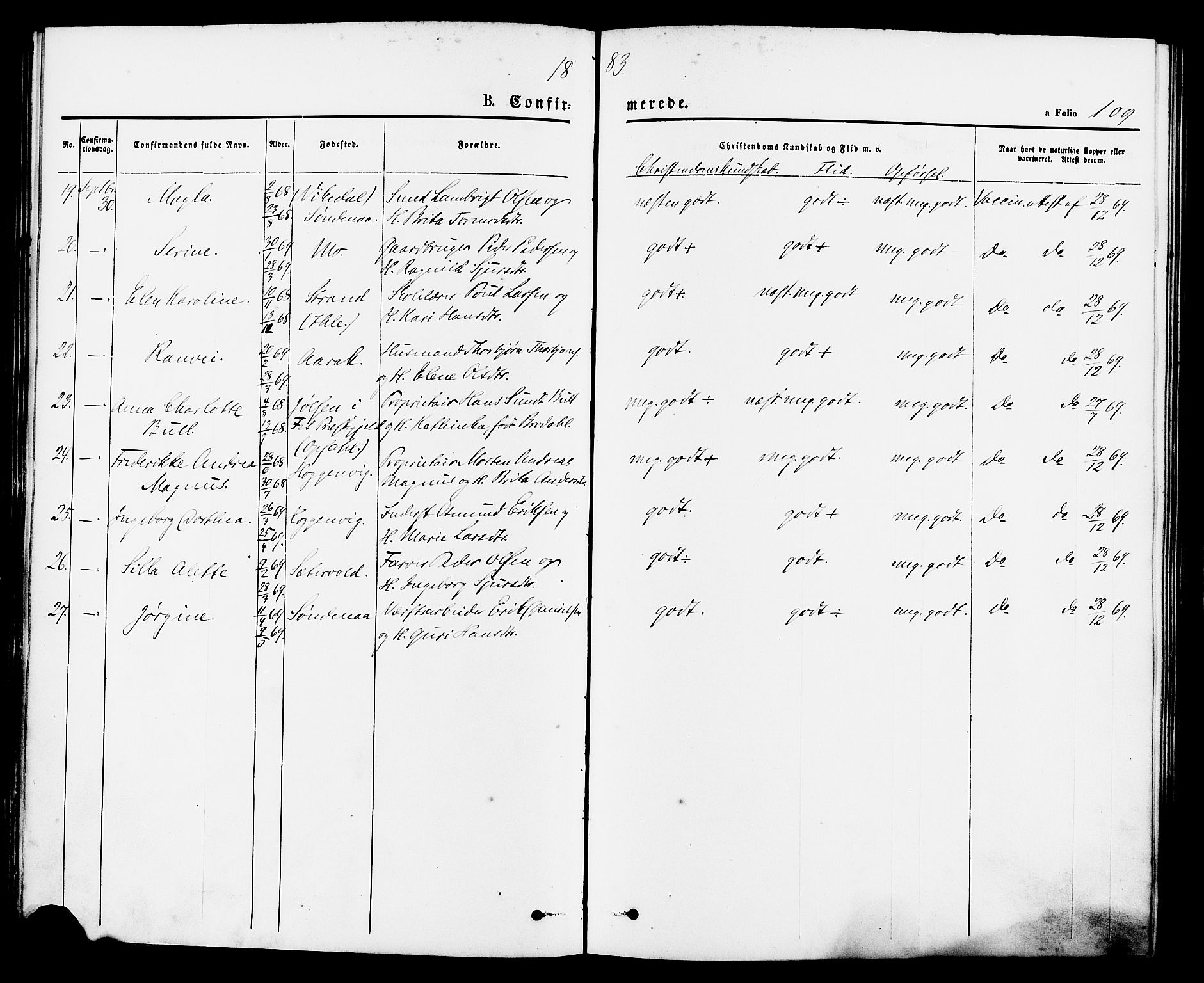 Vikedal sokneprestkontor, AV/SAST-A-101840/01/IV: Parish register (official) no. A 7, 1868-1883, p. 109