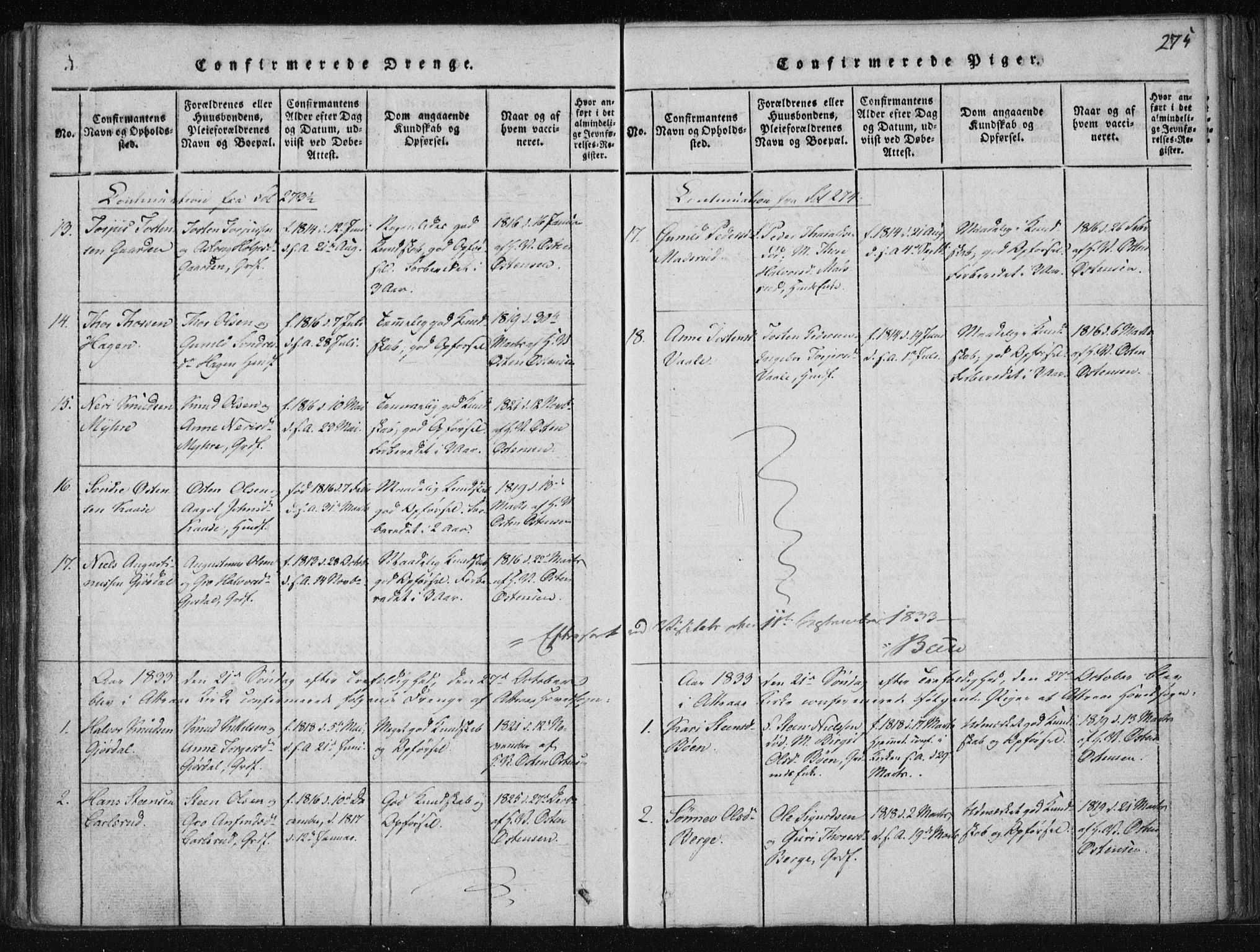 Tinn kirkebøker, AV/SAKO-A-308/F/Fa/L0004: Parish register (official) no. I 4, 1815-1843, p. 274b-275a