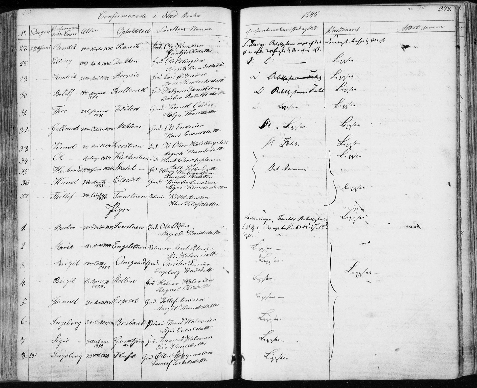 Nes kirkebøker, AV/SAKO-A-236/F/Fa/L0009: Parish register (official) no. 9, 1834-1863, p. 378