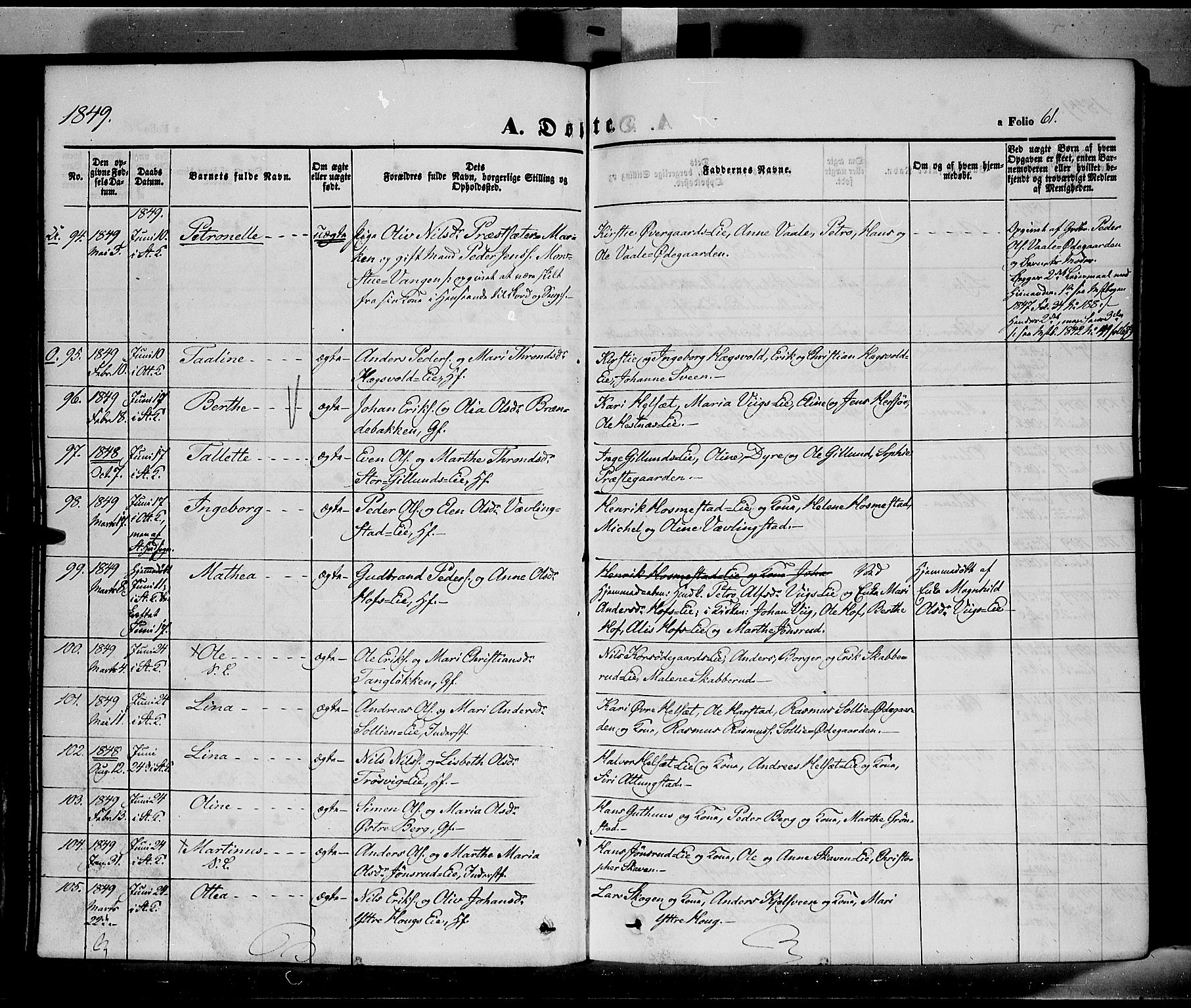 Stange prestekontor, SAH/PREST-002/K/L0011: Parish register (official) no. 11, 1846-1852, p. 61