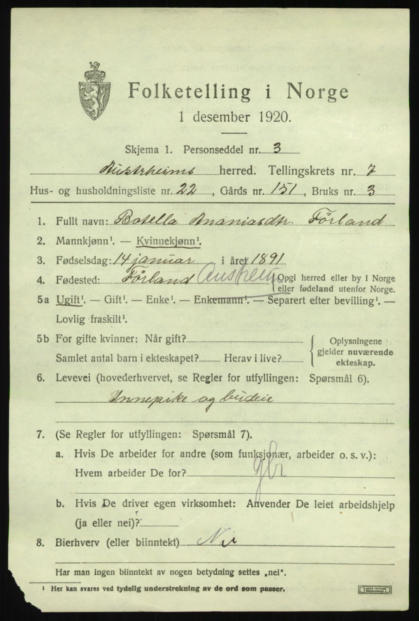 SAB, 1920 census for Austrheim, 1920, p. 2932