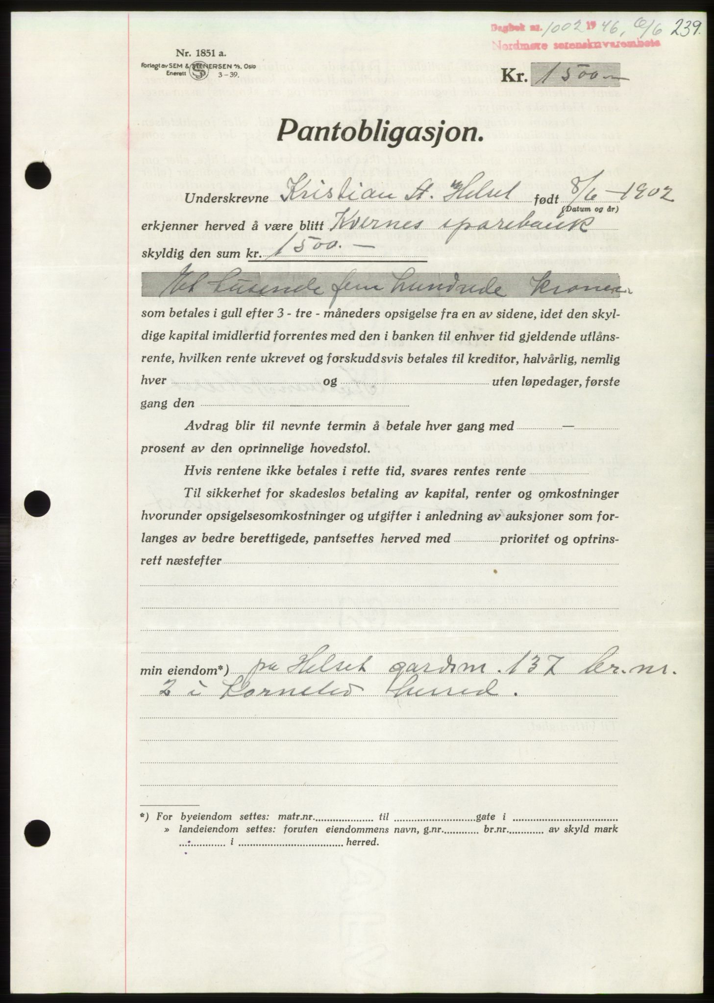 Nordmøre sorenskriveri, AV/SAT-A-4132/1/2/2Ca: Mortgage book no. B94, 1946-1946, Diary no: : 1002/1946