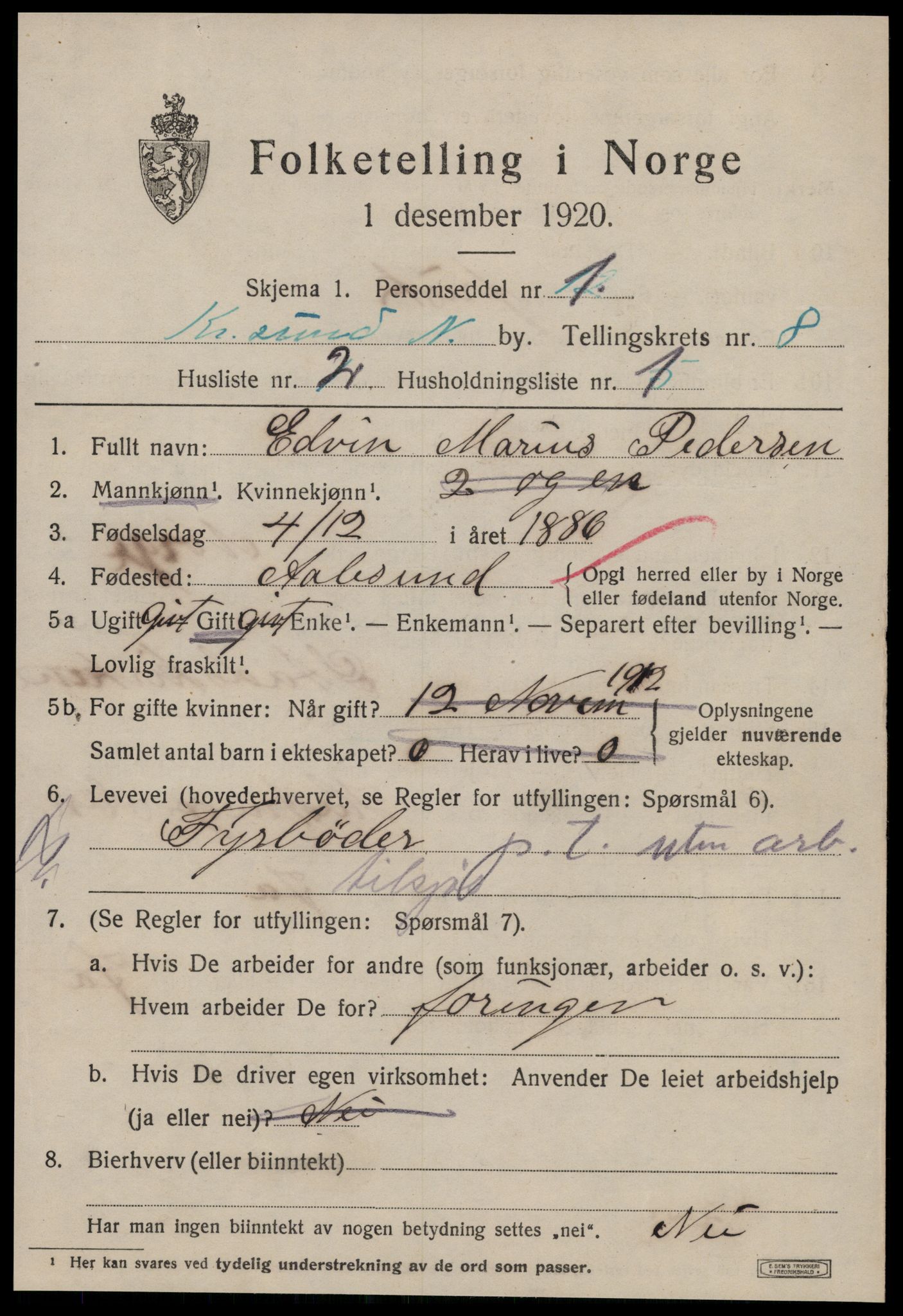 SAT, 1920 census for Kristiansund, 1920, p. 19855