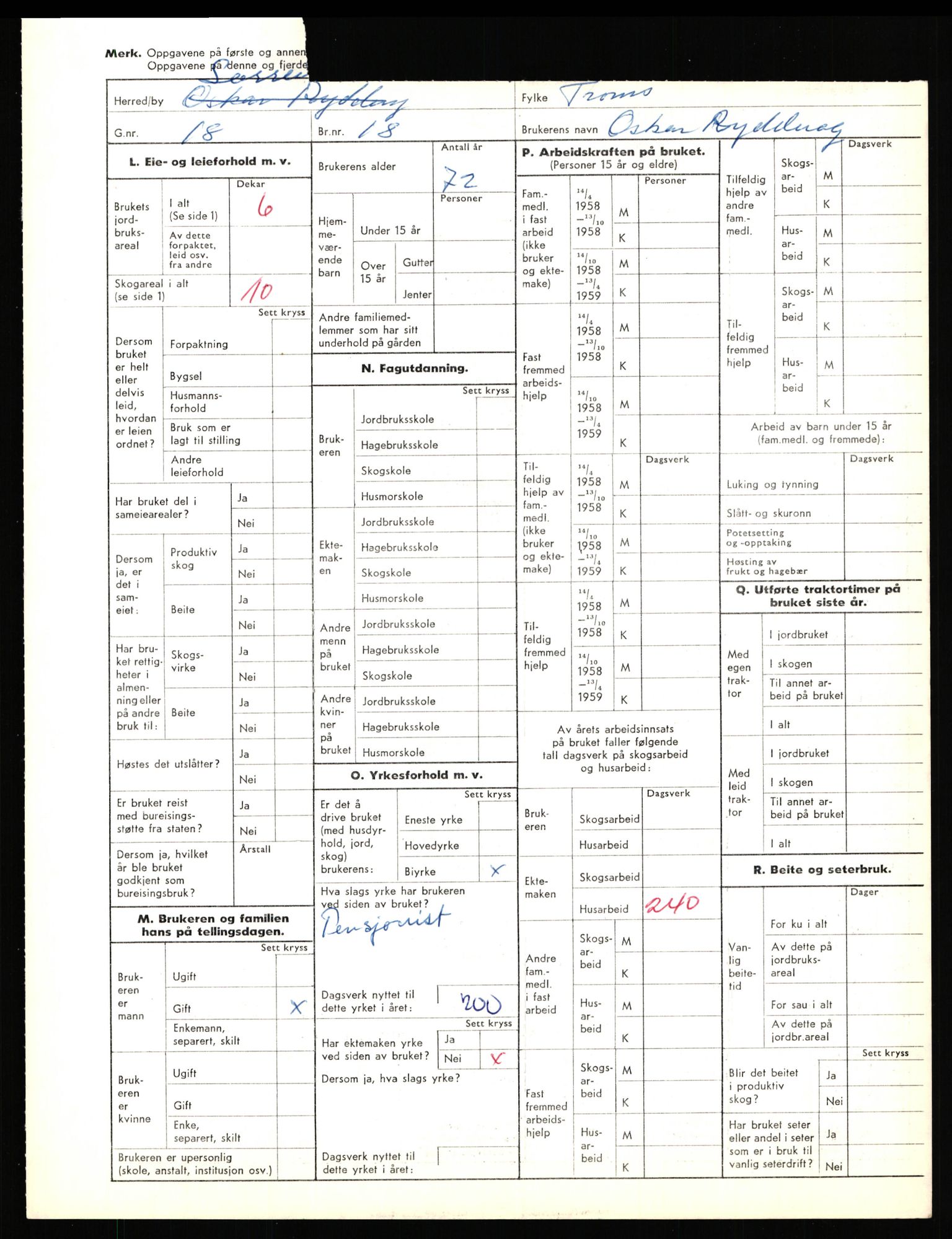 Statistisk sentralbyrå, Næringsøkonomiske emner, Jordbruk, skogbruk, jakt, fiske og fangst, AV/RA-S-2234/G/Gd/L0656: Troms: 1924 Målselv (kl. 0-3) og 1925 Sørreisa, 1959, p. 1379