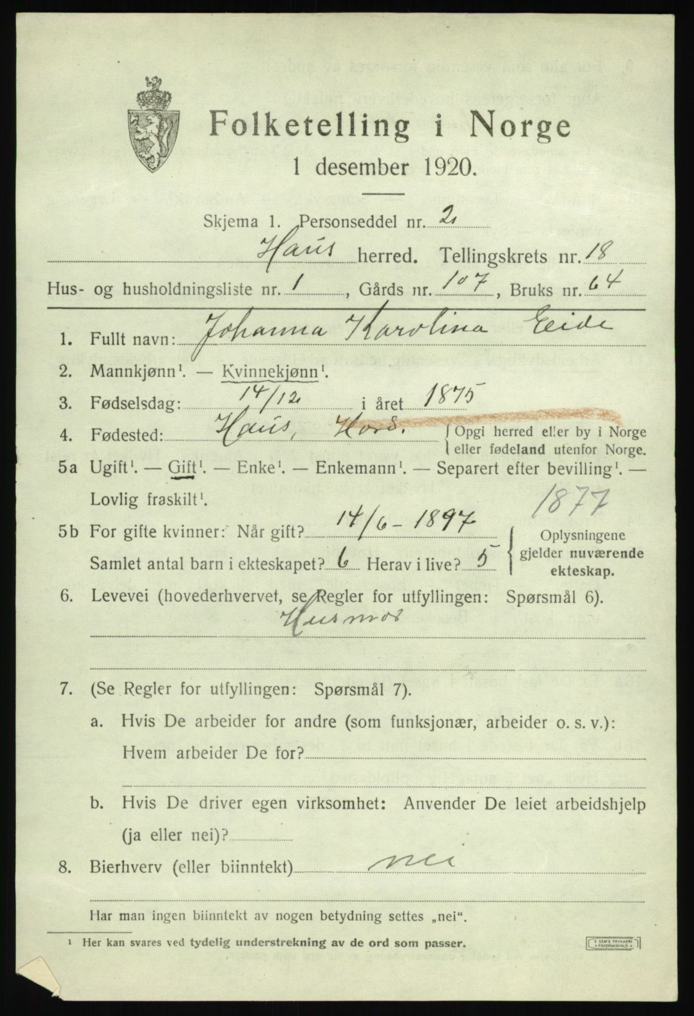 SAB, 1920 census for Haus, 1920, p. 11842