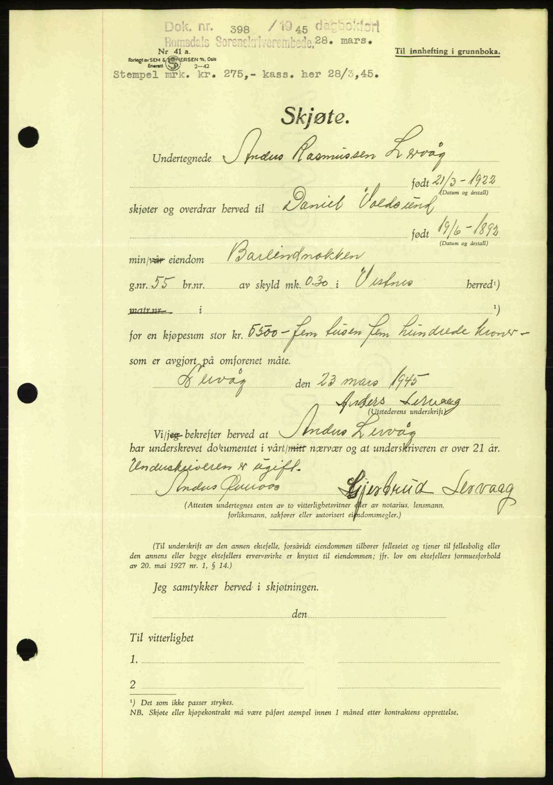 Romsdal sorenskriveri, AV/SAT-A-4149/1/2/2C: Mortgage book no. A17, 1944-1945, Diary no: : 398/1945