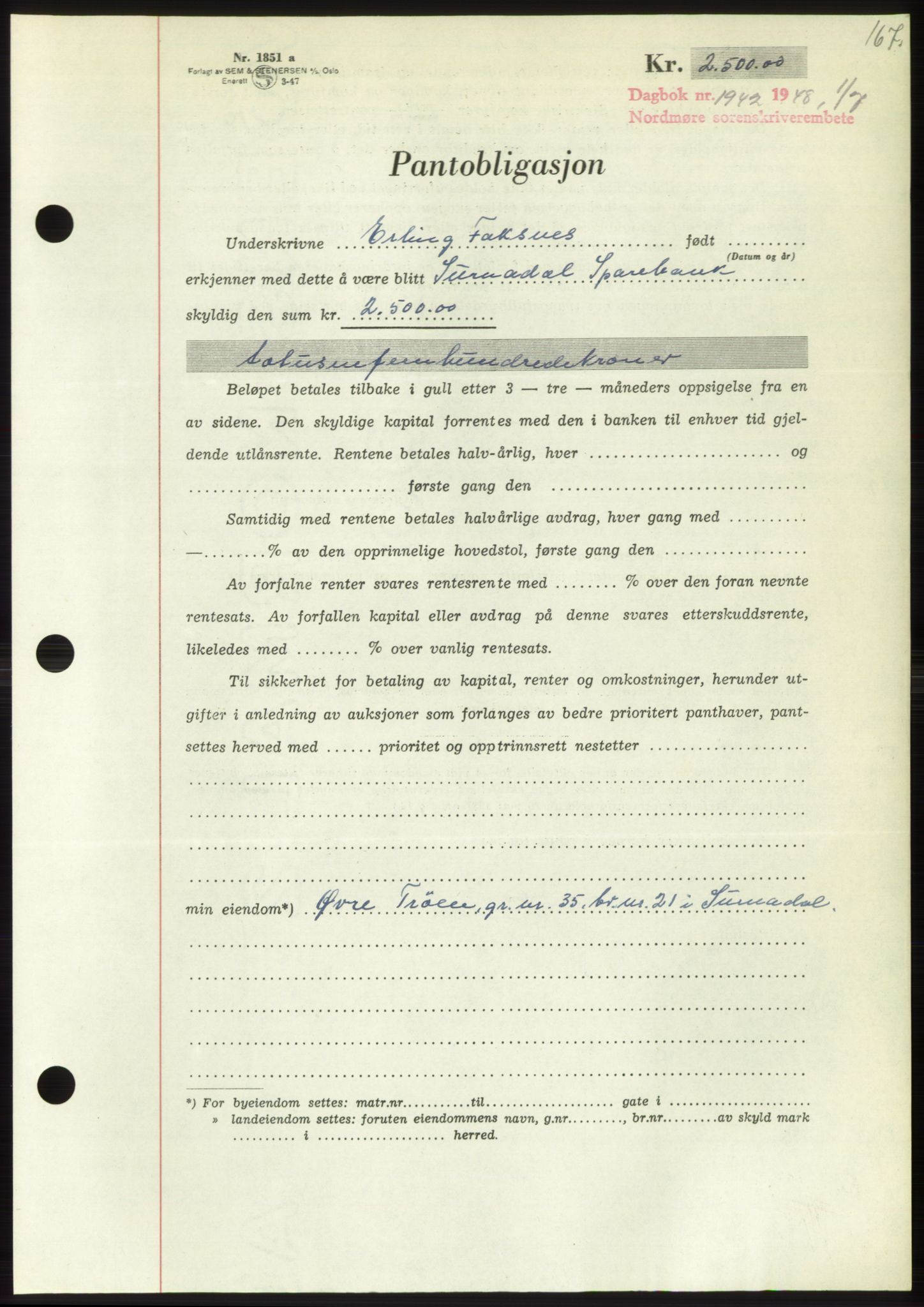 Nordmøre sorenskriveri, AV/SAT-A-4132/1/2/2Ca: Mortgage book no. B99, 1948-1948, Diary no: : 1942/1948