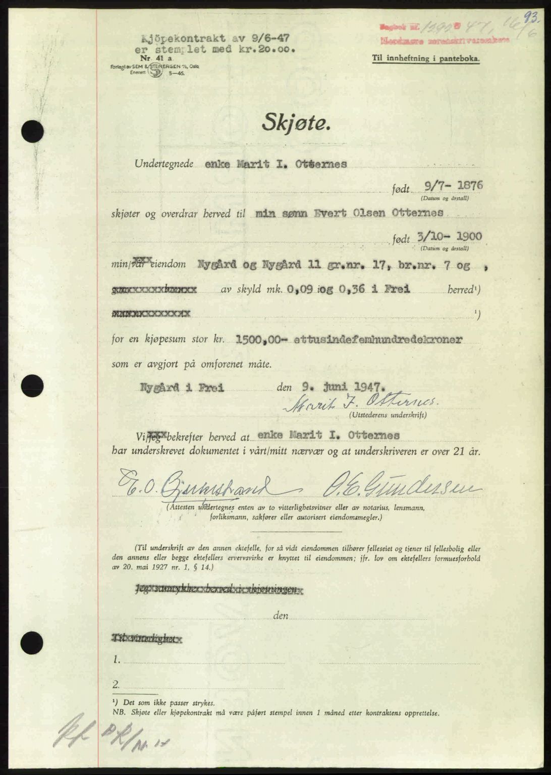 Nordmøre sorenskriveri, AV/SAT-A-4132/1/2/2Ca: Mortgage book no. A105, 1947-1947, Diary no: : 1292/1947