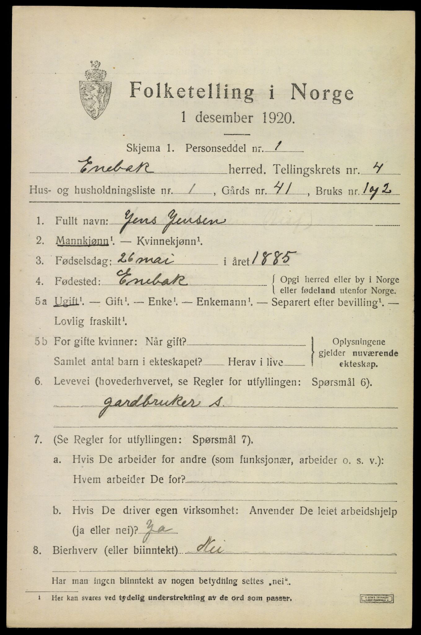 SAO, 1920 census for Enebakk, 1920, p. 3417