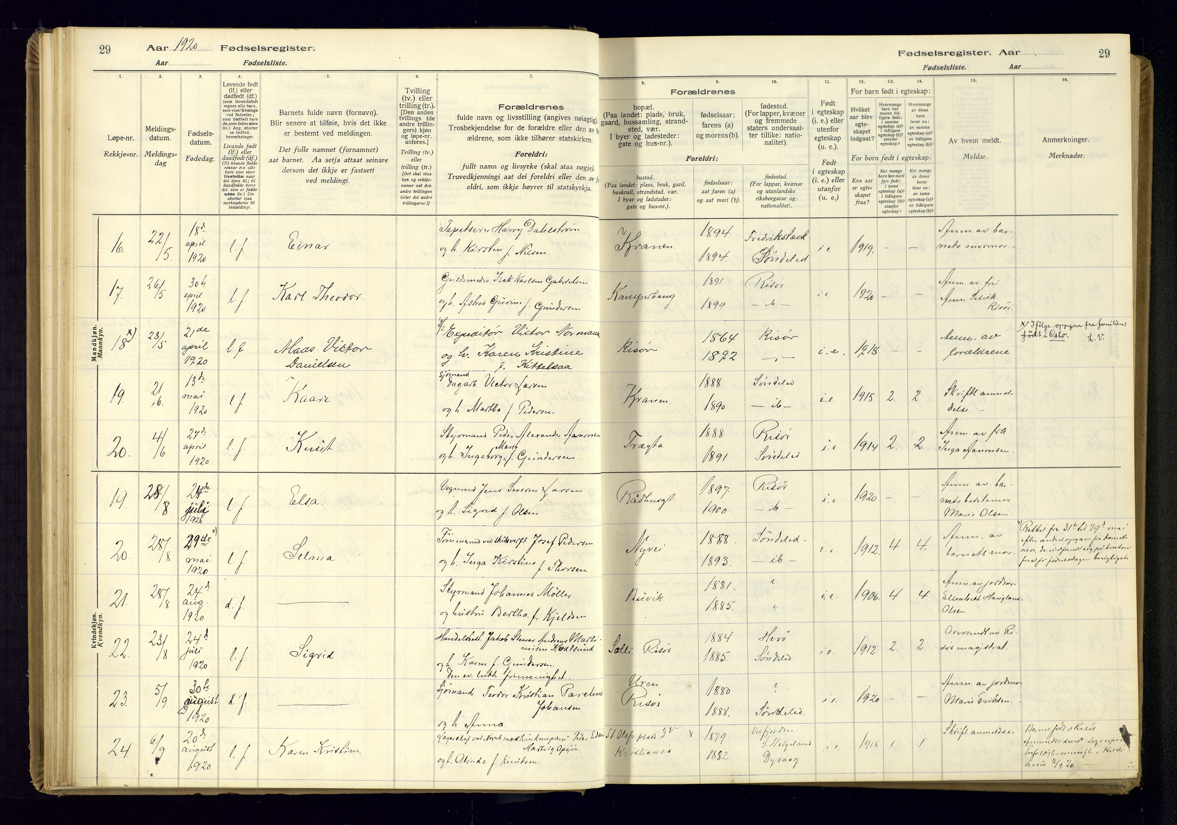 Risør sokneprestkontor, AV/SAK-1111-0035/J/Ja/L0001: Birth register no. A-VI-13, 1916-1947, p. 29